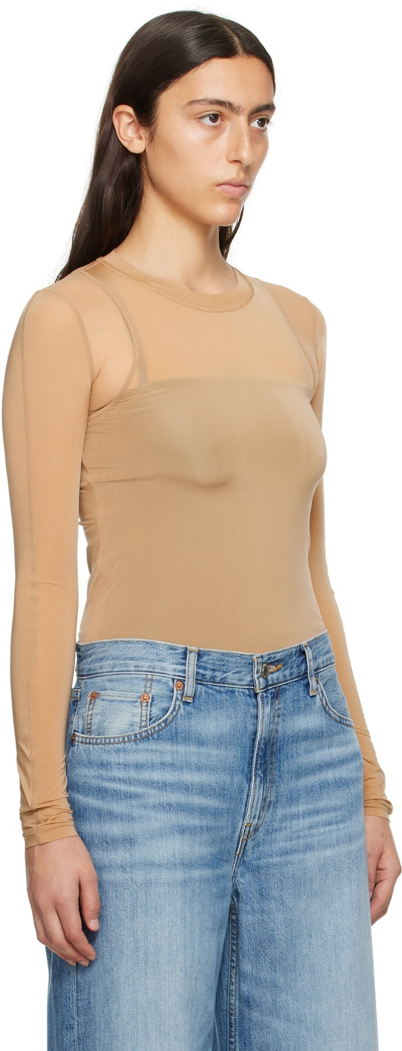 LVIR Beige Contrast Mesh Long Sleeve T-Shirt outlook