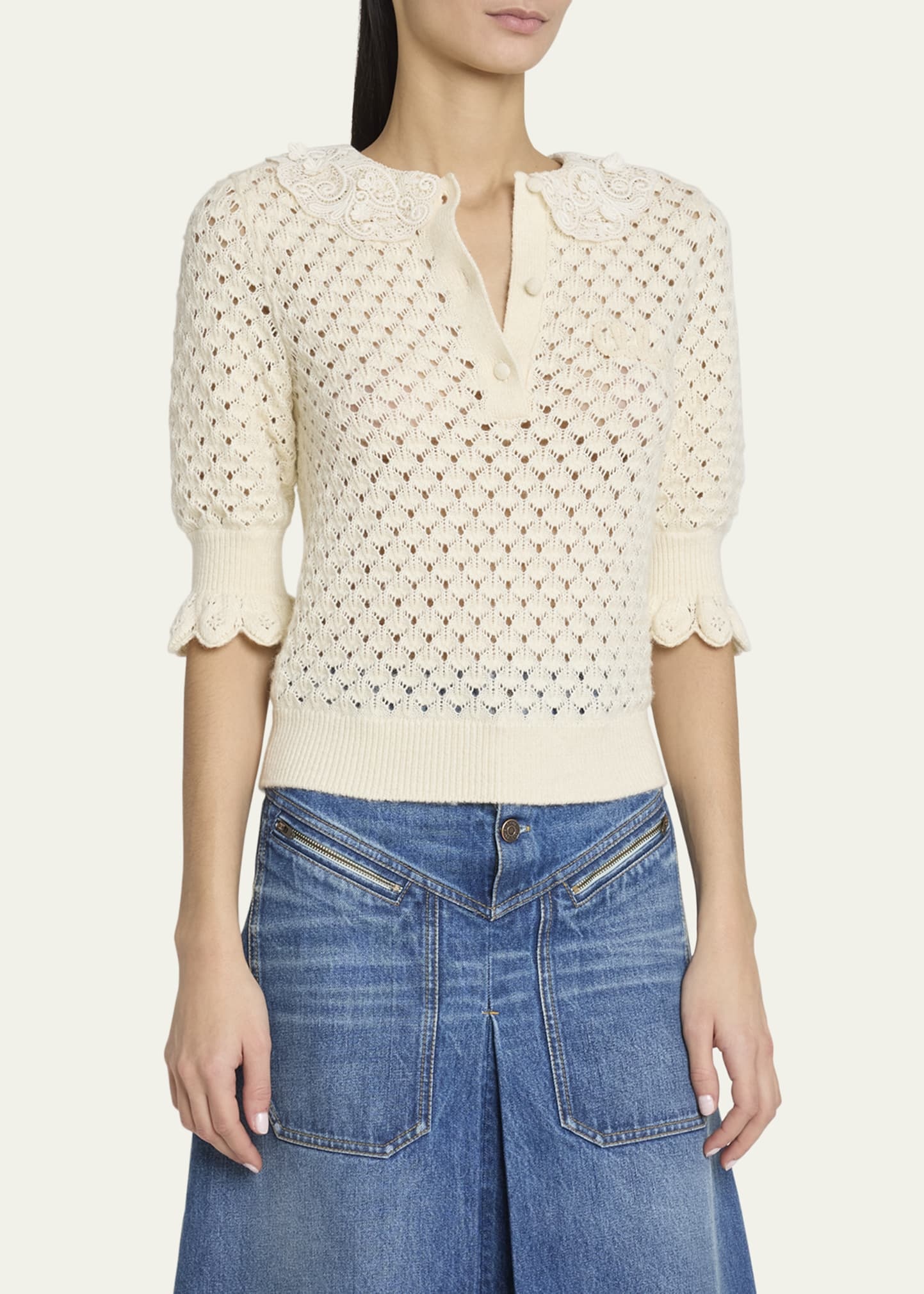 Lace-Collar Open Knit Polo Top - 4