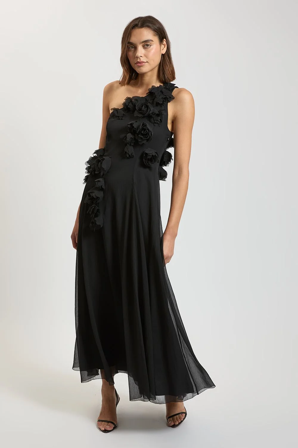 Floral Applique Chiffon One Shoulder Maxi Dress - 1