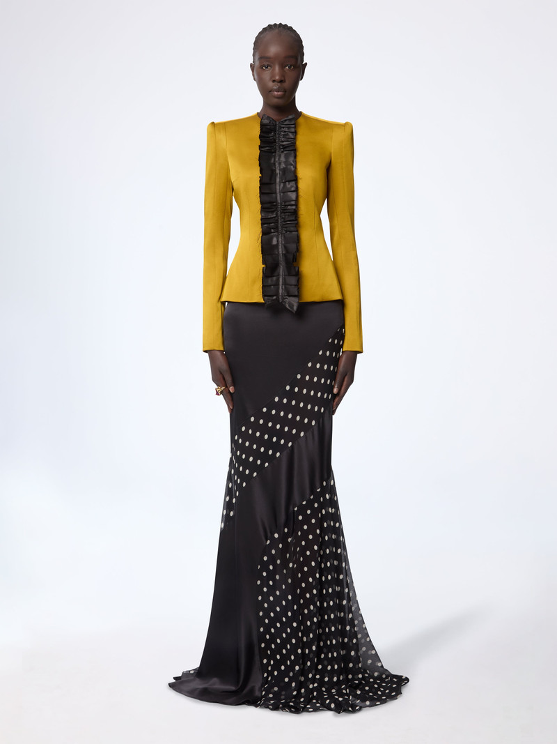 Mustard Crepe Satin Jacket With Front Pleat 1