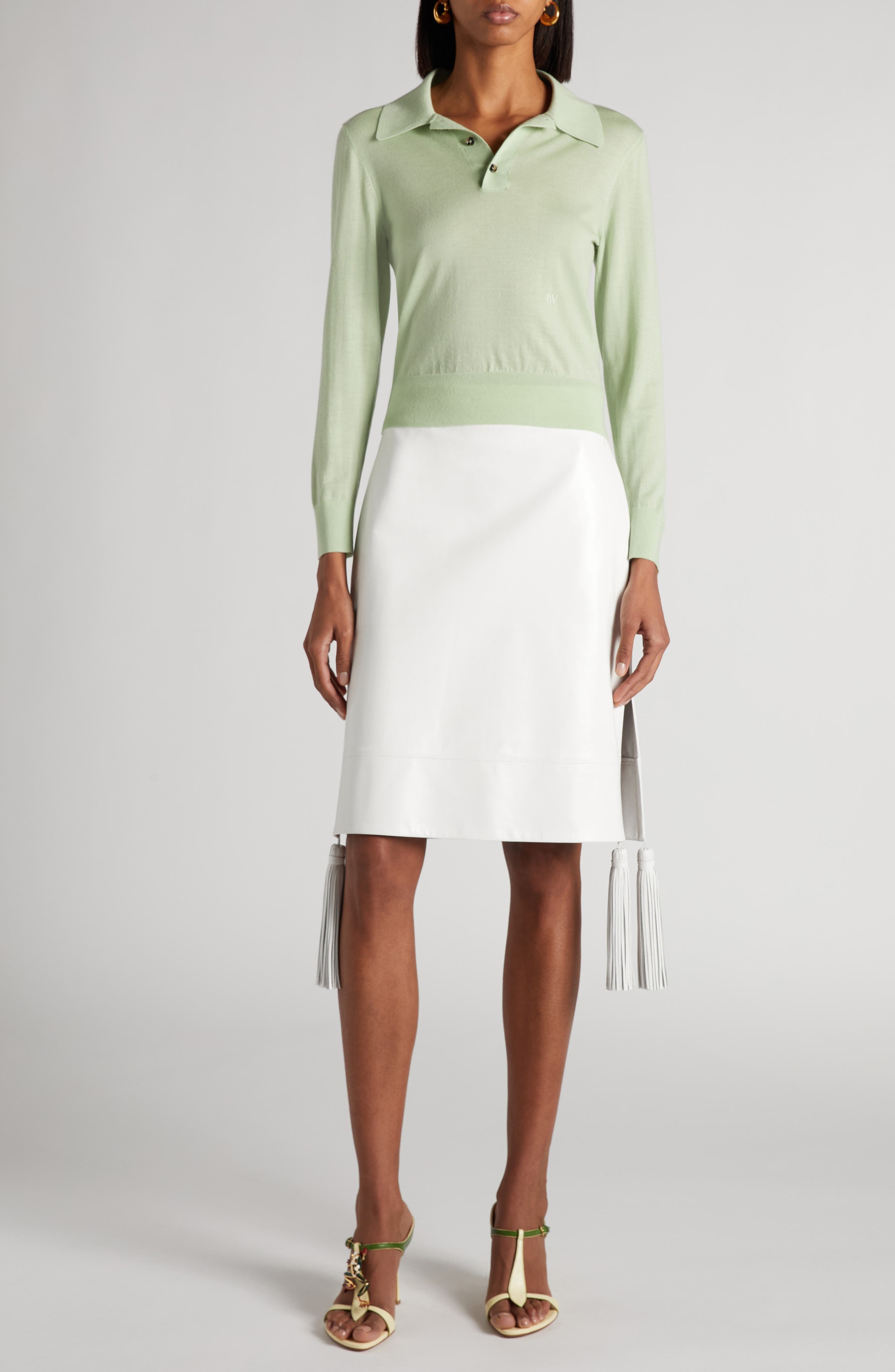 Bottega Veneta Tassel Detail Leather Pencil Skirt in 9071 Chalk at Nordstrom - 2