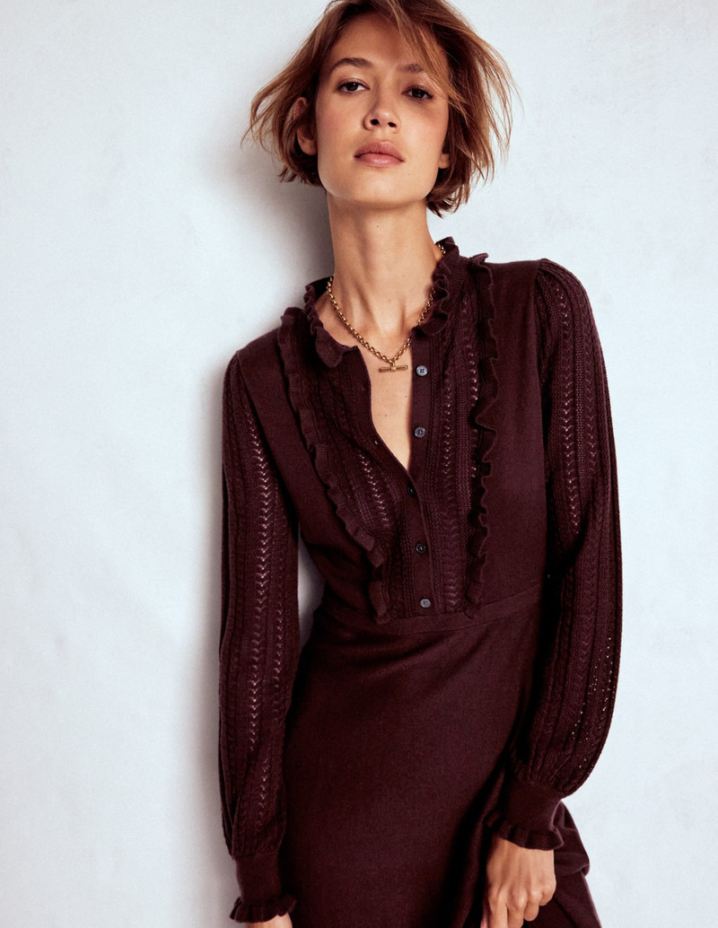 Winifred Frilled Knitted Dress-Coffee Bean 4