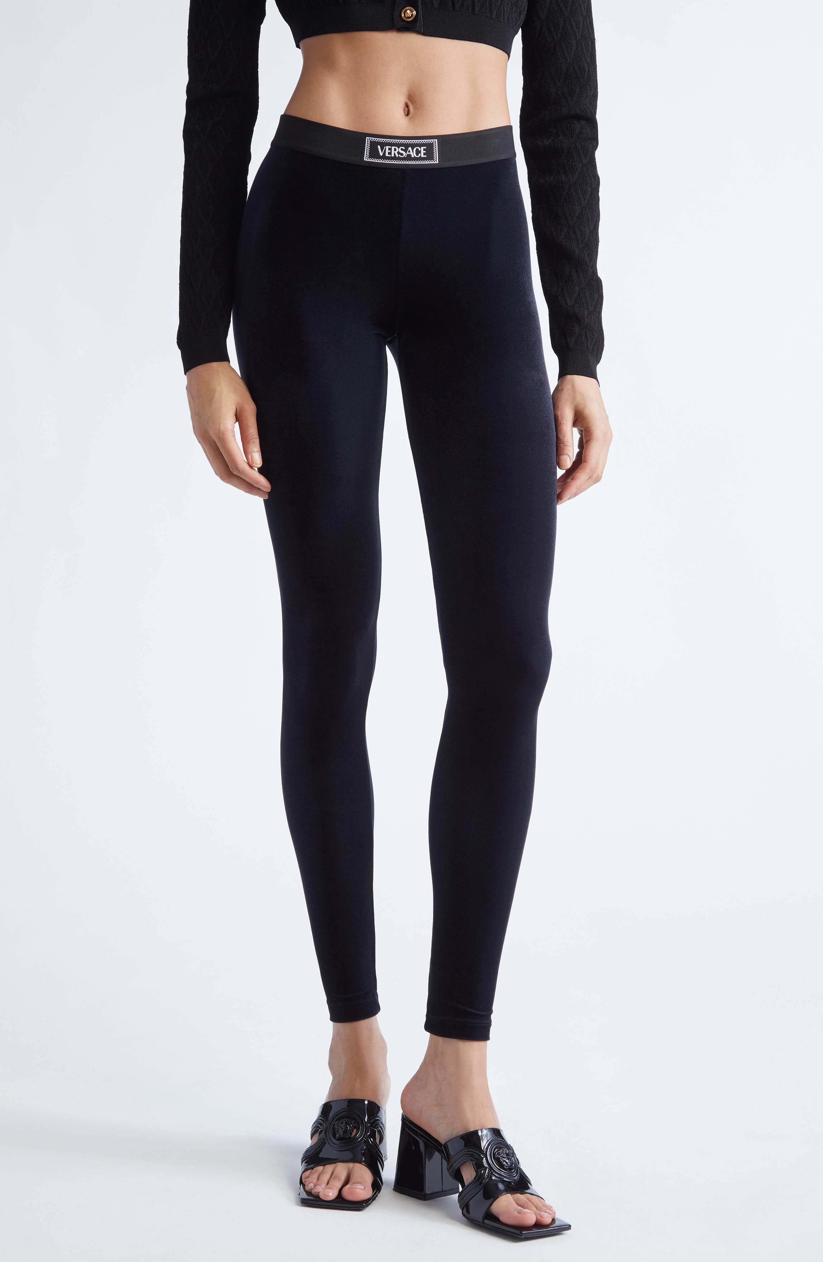 Versace Logo Velvet Leggings in Black at Nordstrom - 1
