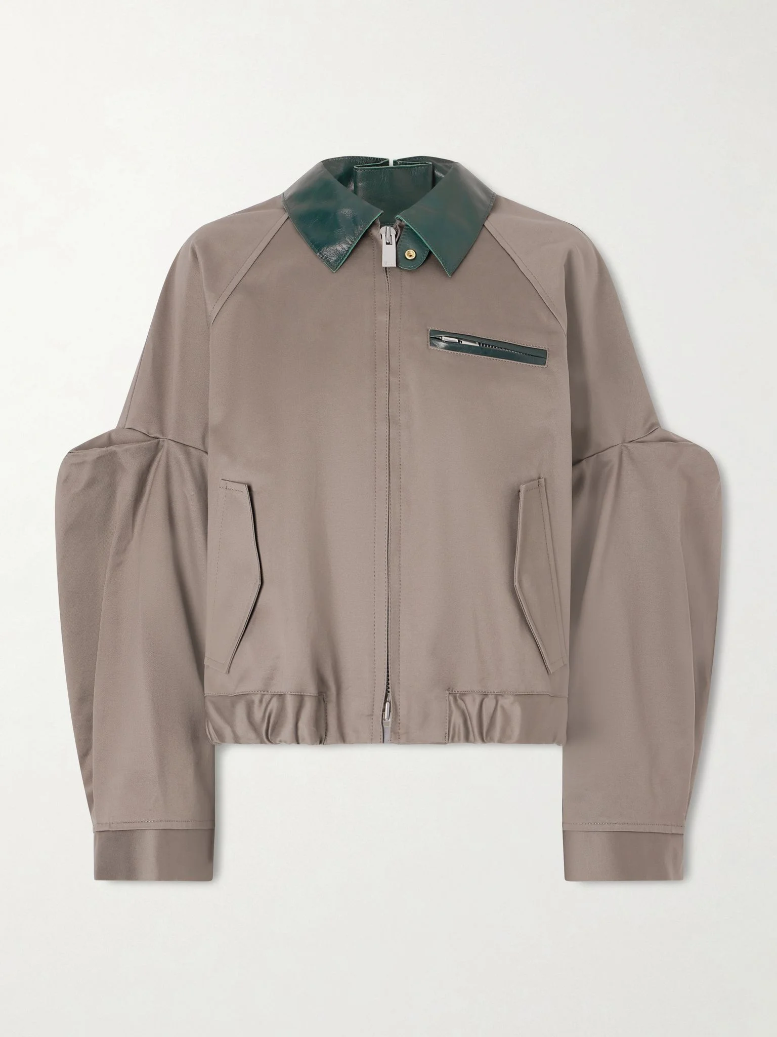 Pleated leather-trimmed cotton-twill jacket Brown - 1