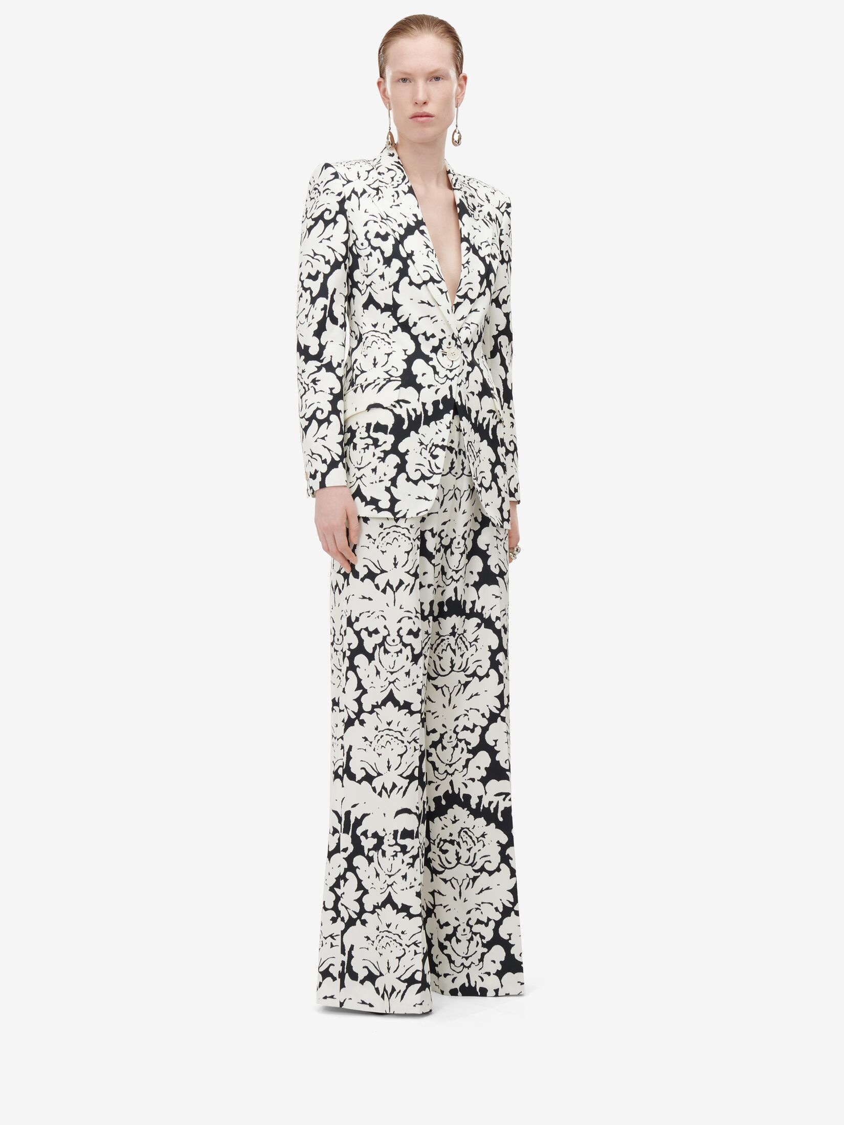 Women's Damask Double Pleat Wide Leg Trousers in Black/ivory - 3