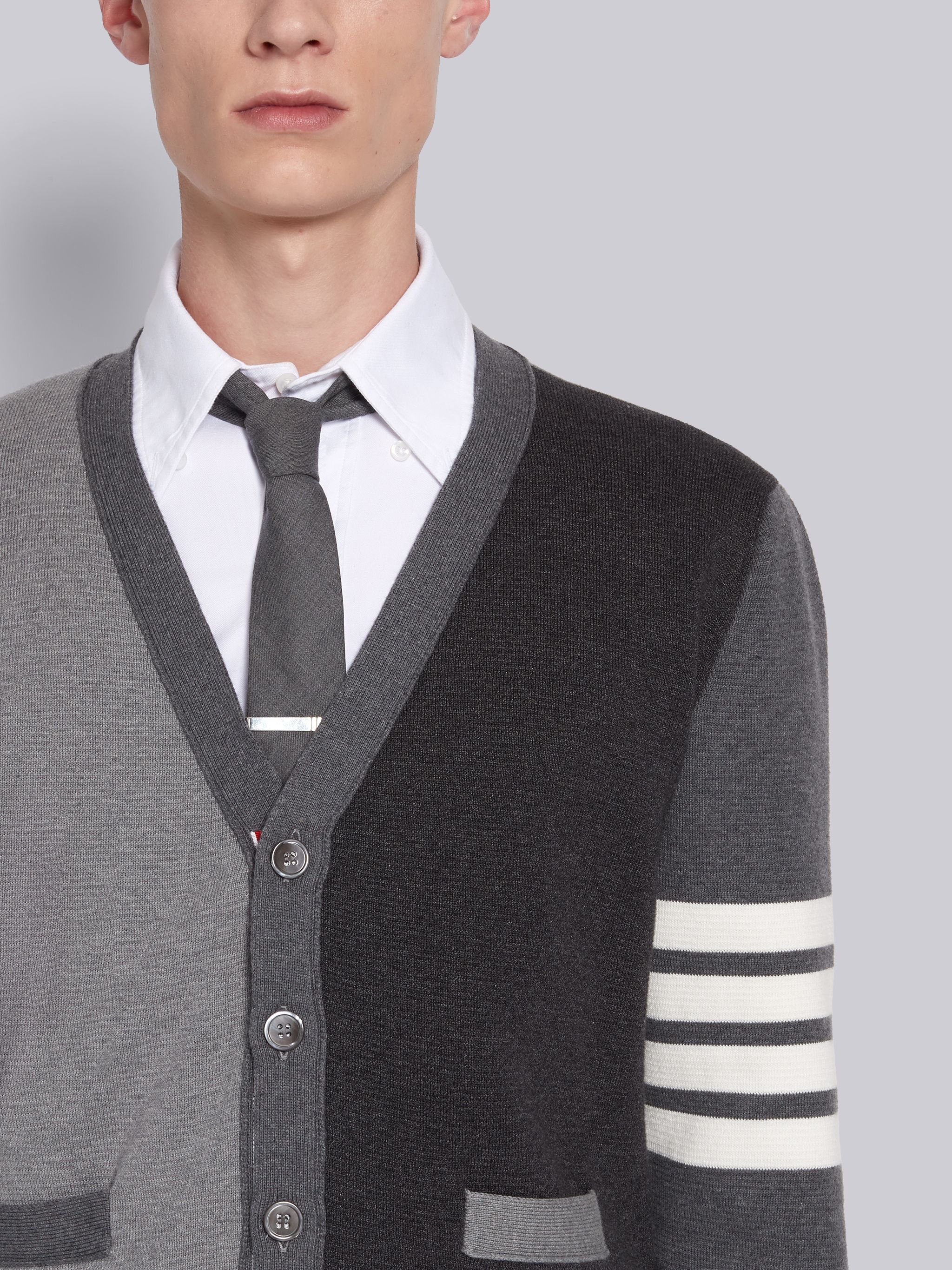 Tonal Grey Cotton V-Neck 4-Bar Cardigan - 5