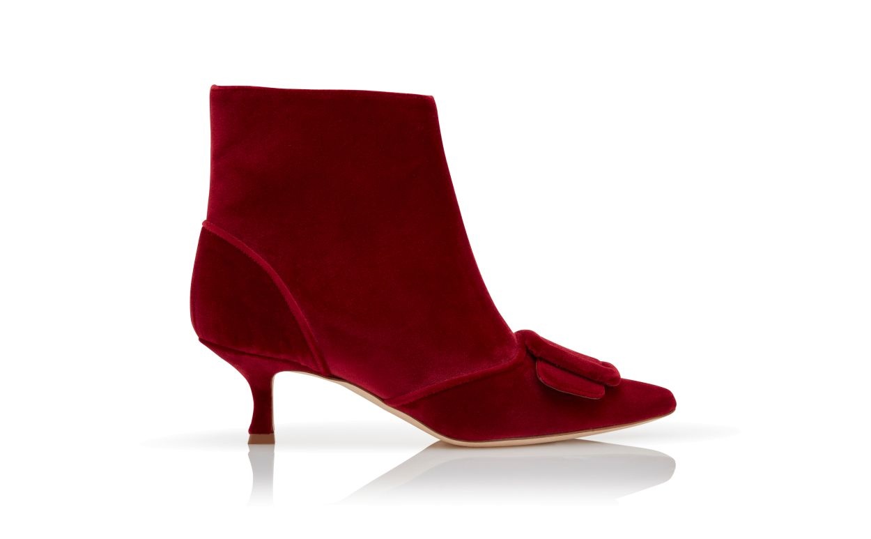 Red Velvet Buckle Detail Ankle Boots - 1