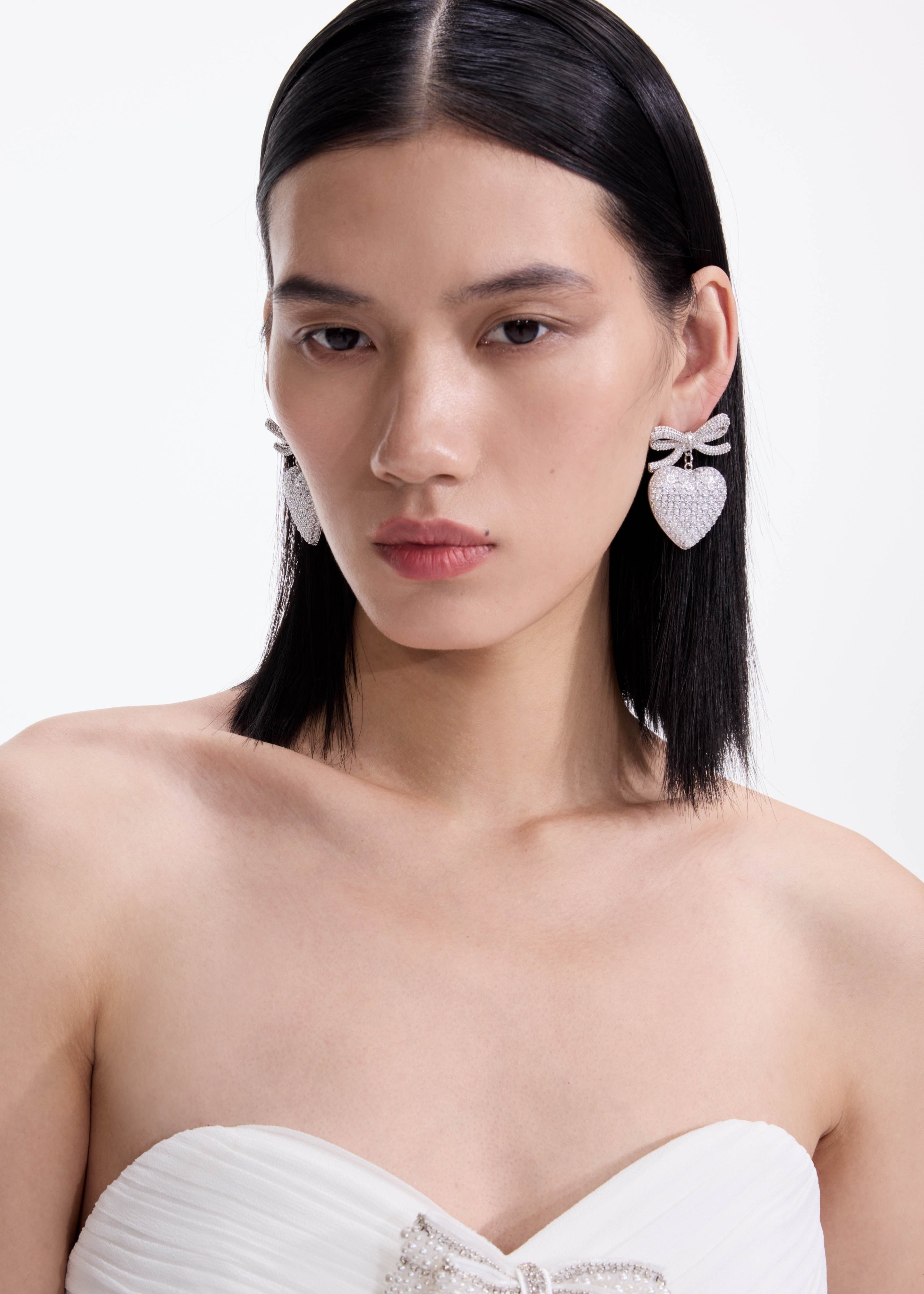 Crystal Bow Pearl Heart Earrings - 3