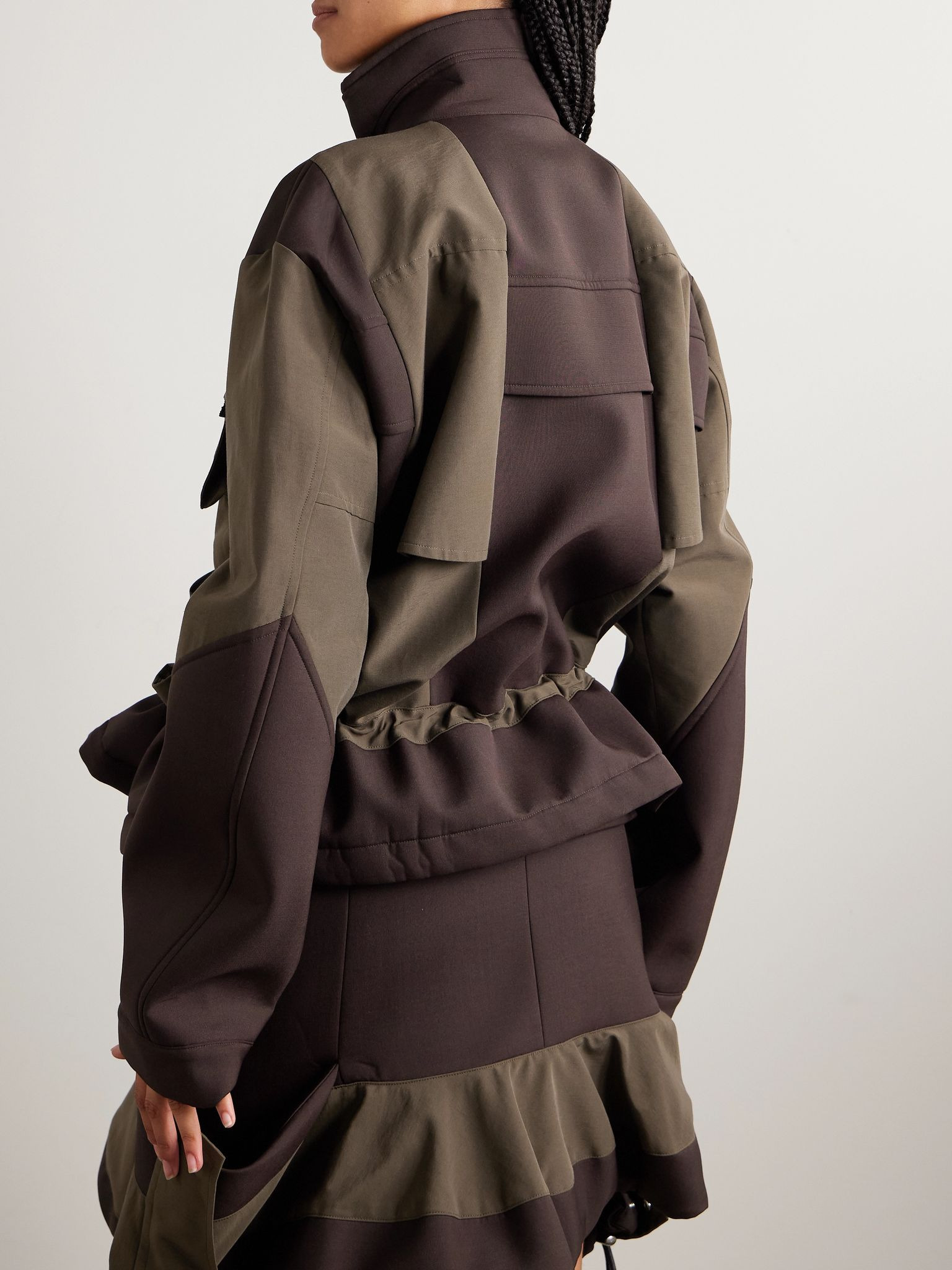 Draped paneled scuba and cotton-blend grosgrain jacket Brown - 4