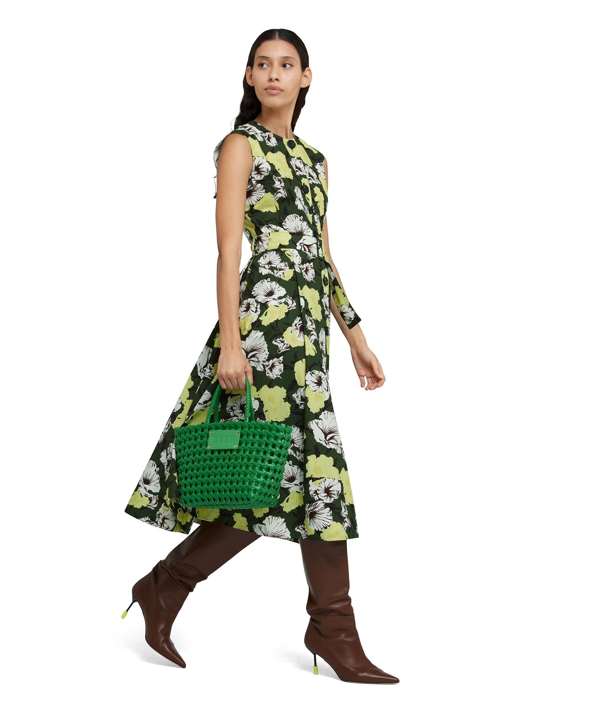 Poplin cotton midi poodle dress with "Hibiscus Camouflage" print - 1