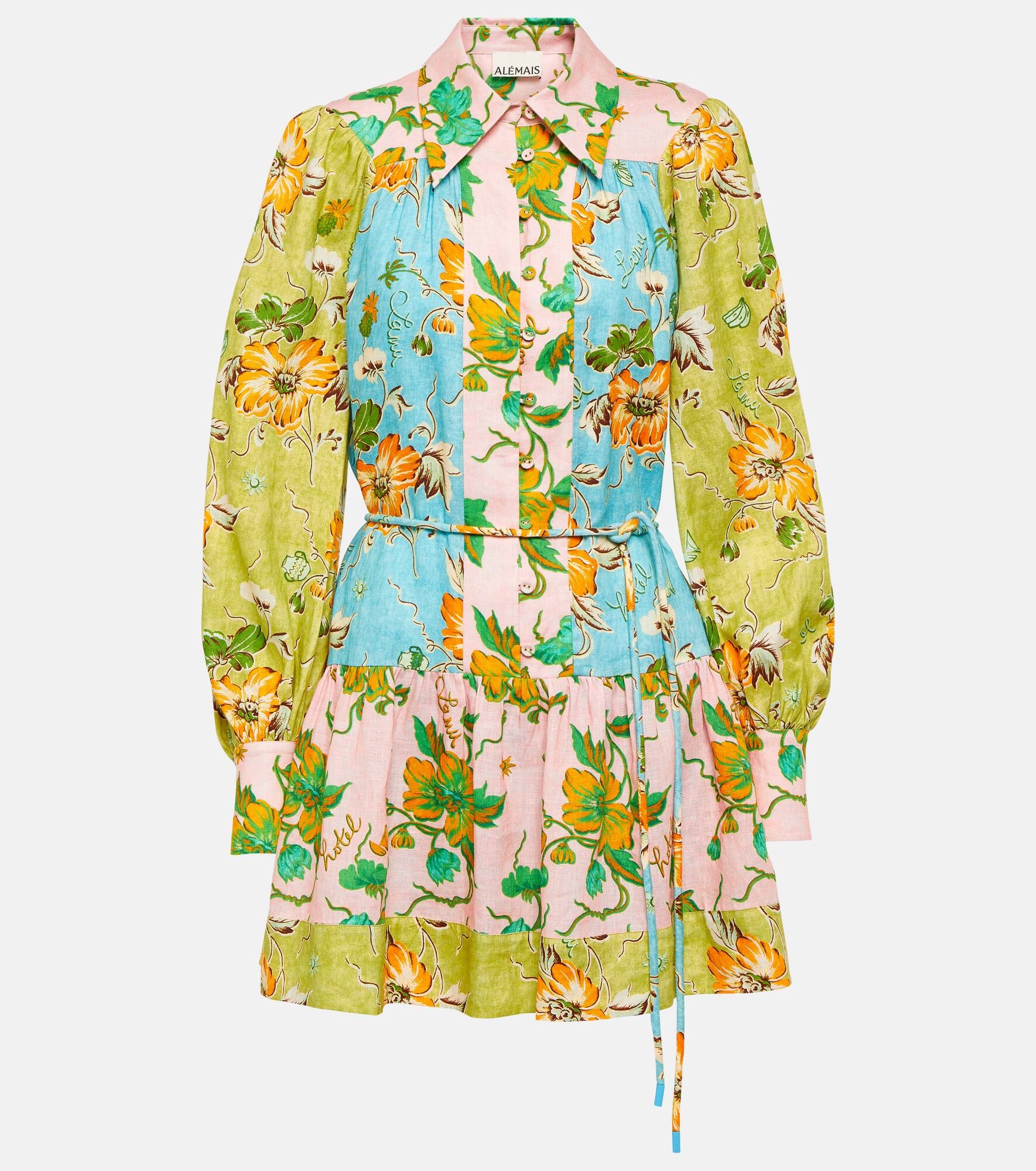 Printed colorblocked linen shirt dress - 1