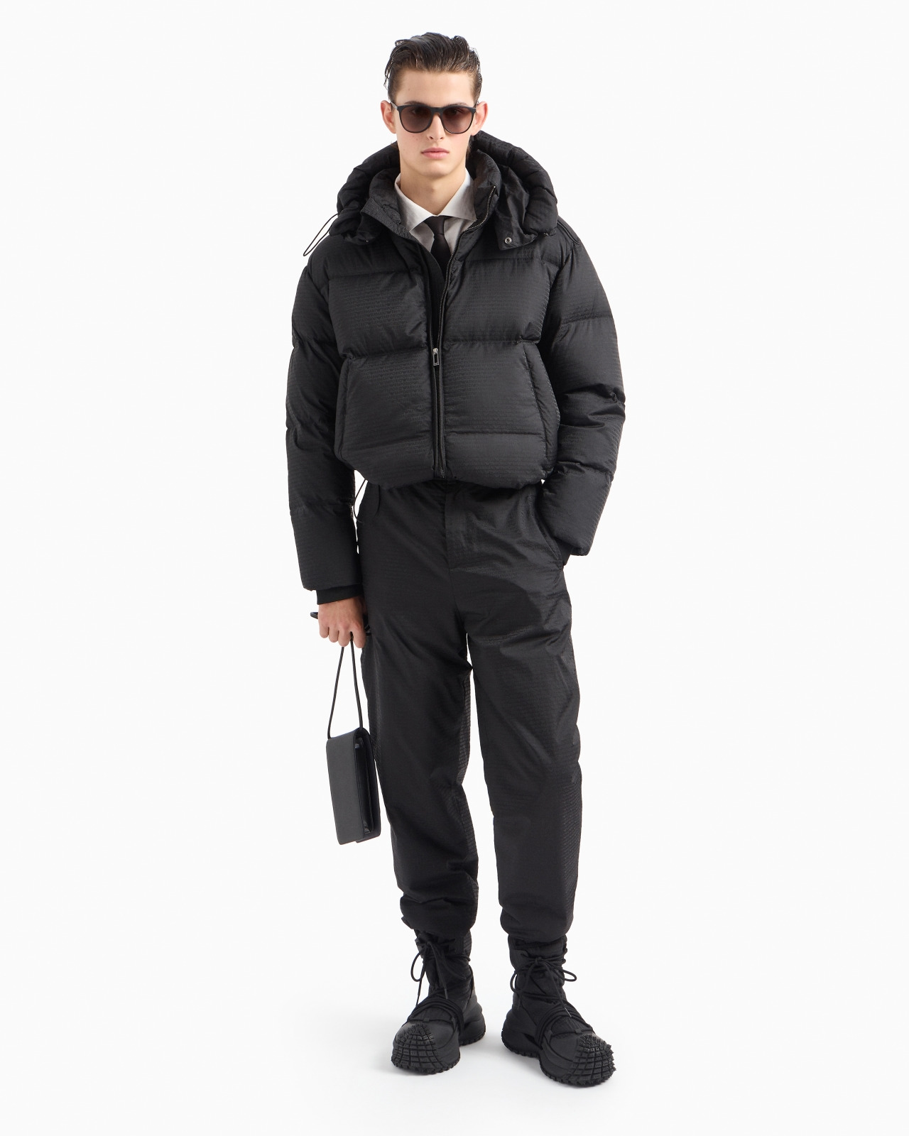 Zipped, hooded down jacket in jacquard nylon with all-over logo lettering - 4