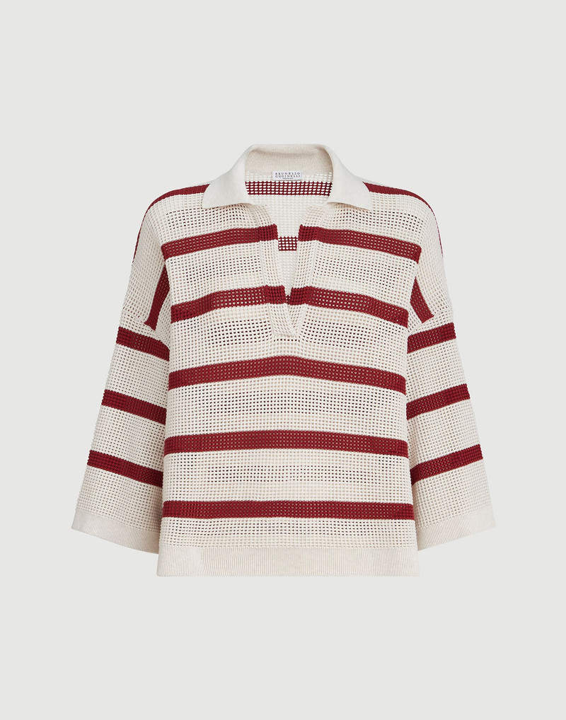 Cotton striped net knit polo shirt 1