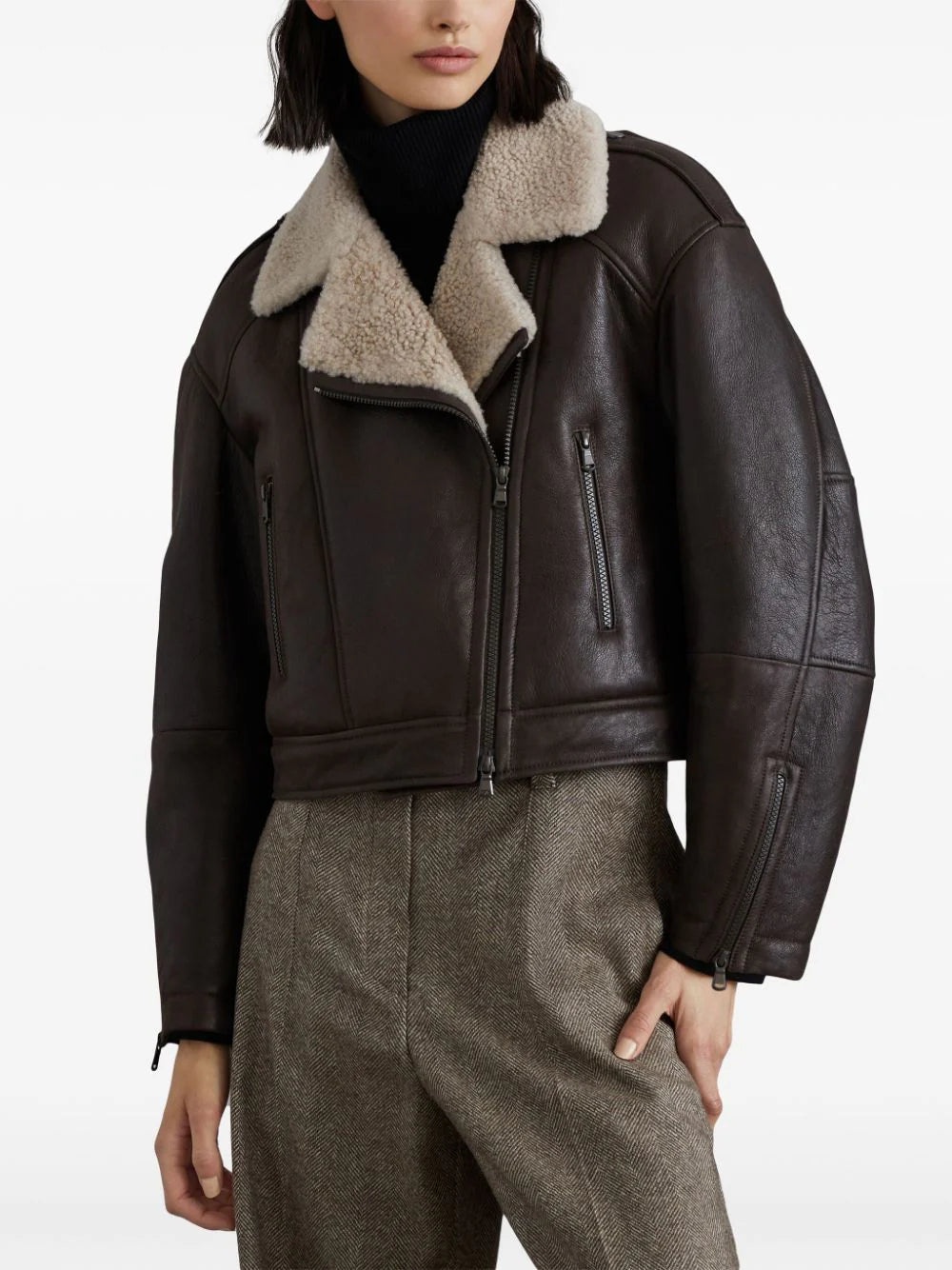 Brunello Cucinelli Women Leather Biker Jacket With Shearling Collar - 3