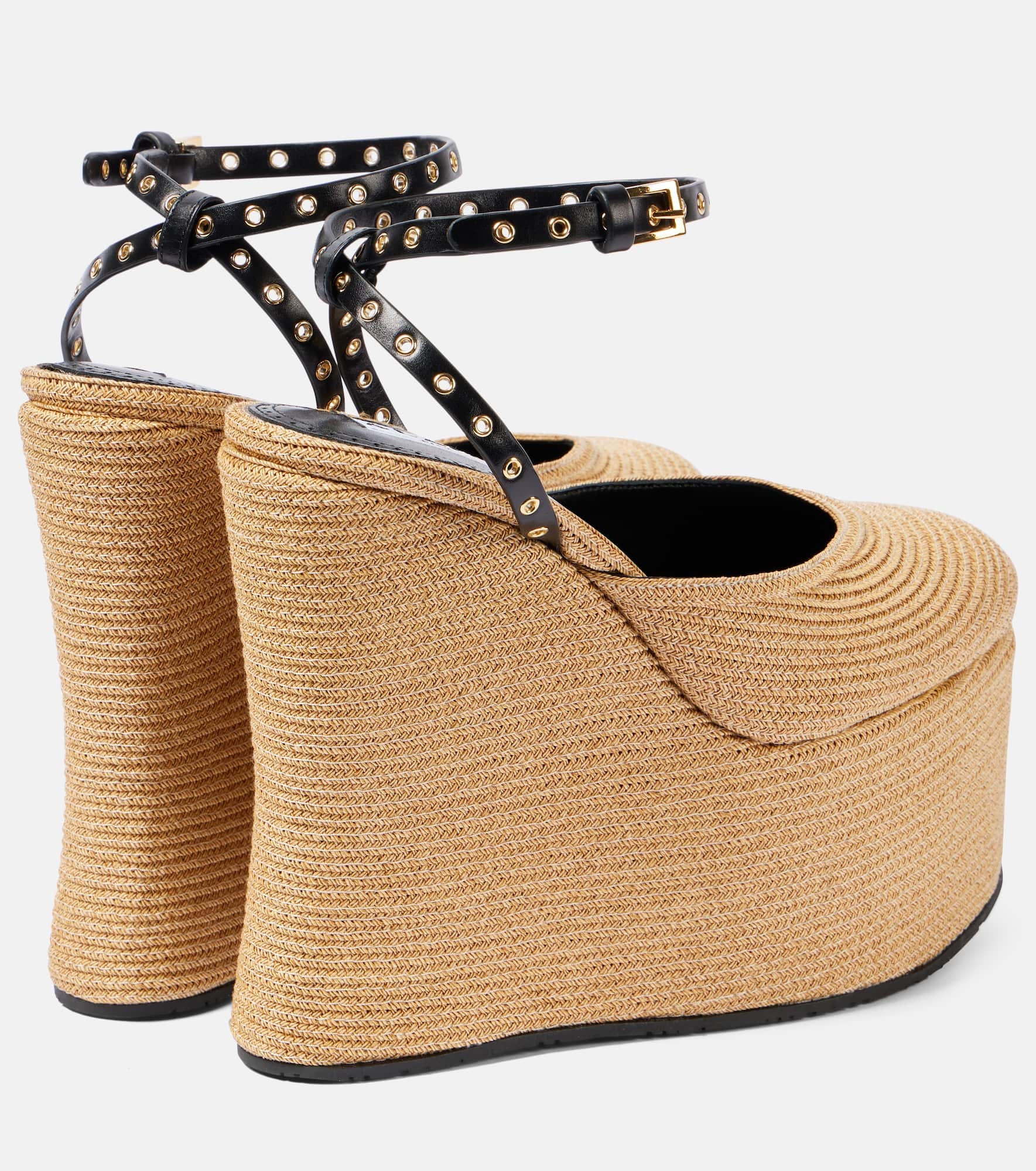 Leather-trimmed raffia wedge sandals - 2