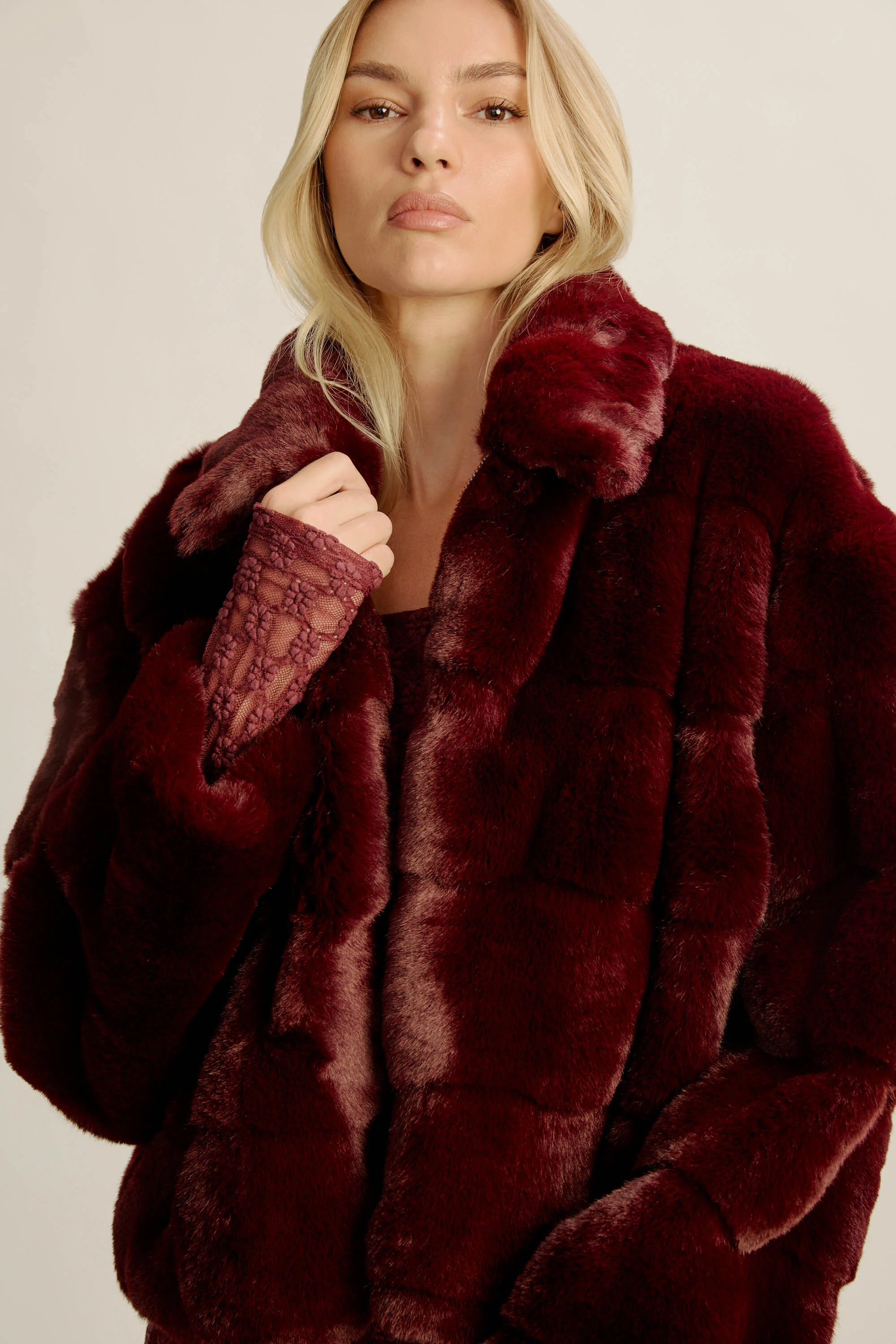 Sylvie Faux Fur Jacket In Burgundy - 1