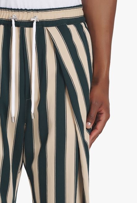 Sand-colored and dark green striped eco-designed cotton pleated pants - 6