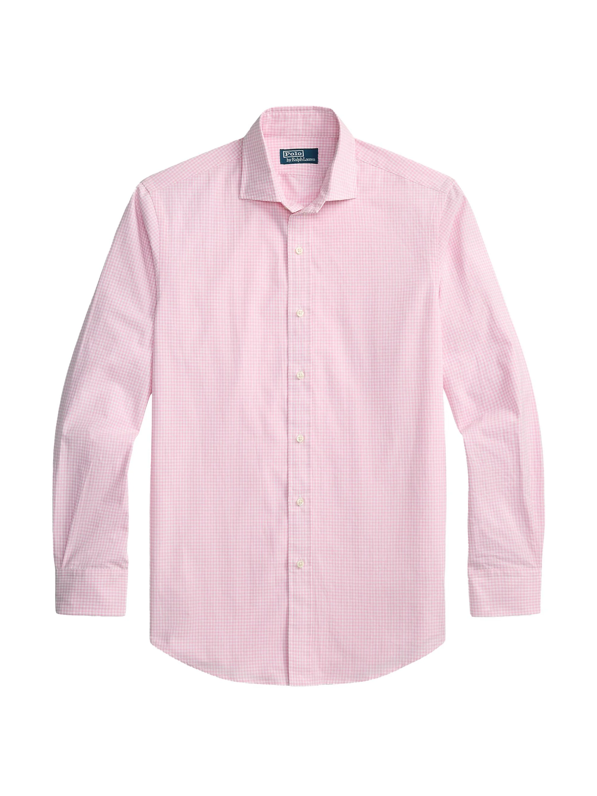 Men's Gingham Cotton Poplin Button-Front Shirt - Pink White - 1