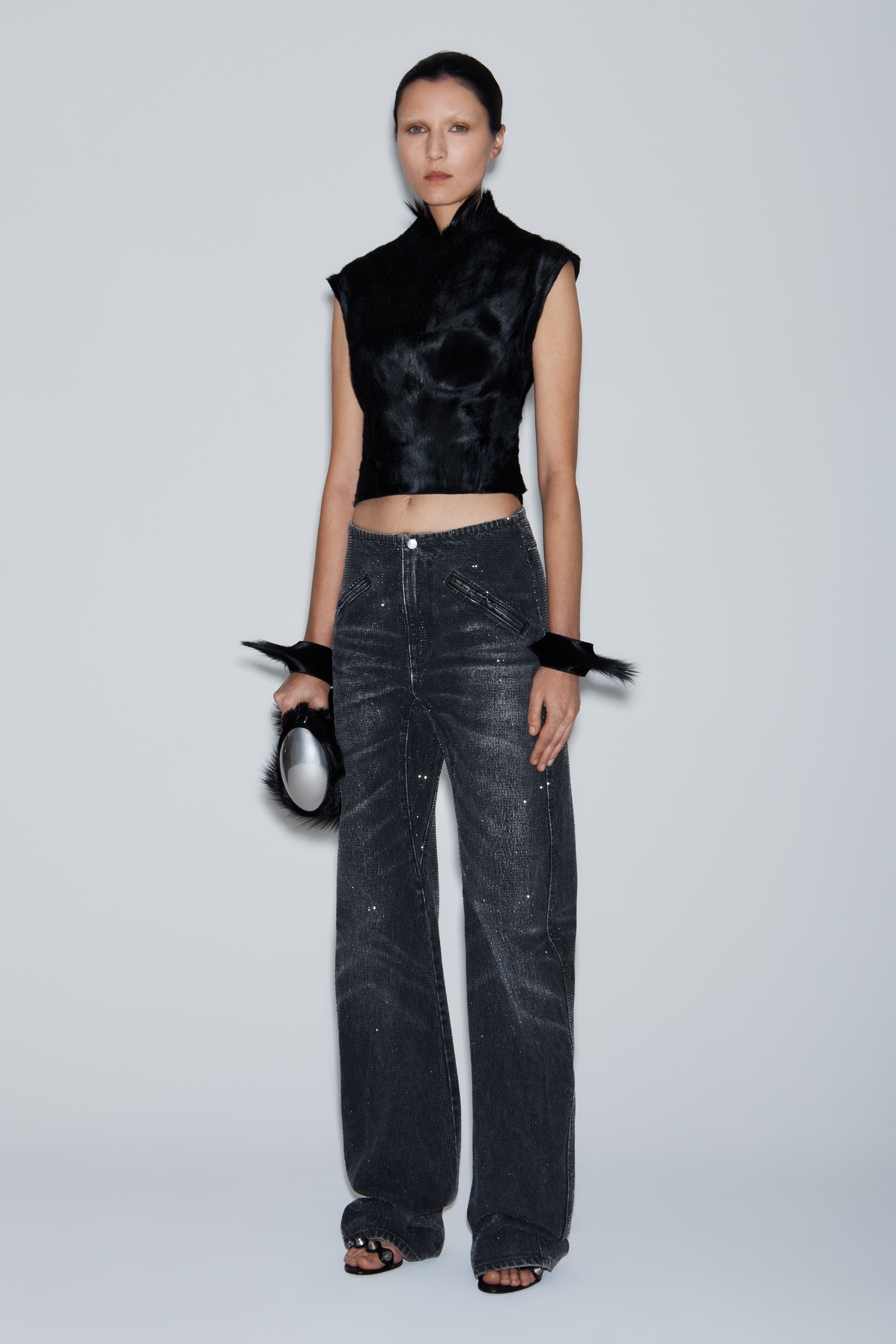 clear crystal hotfix moto pant in cotton denim - 3