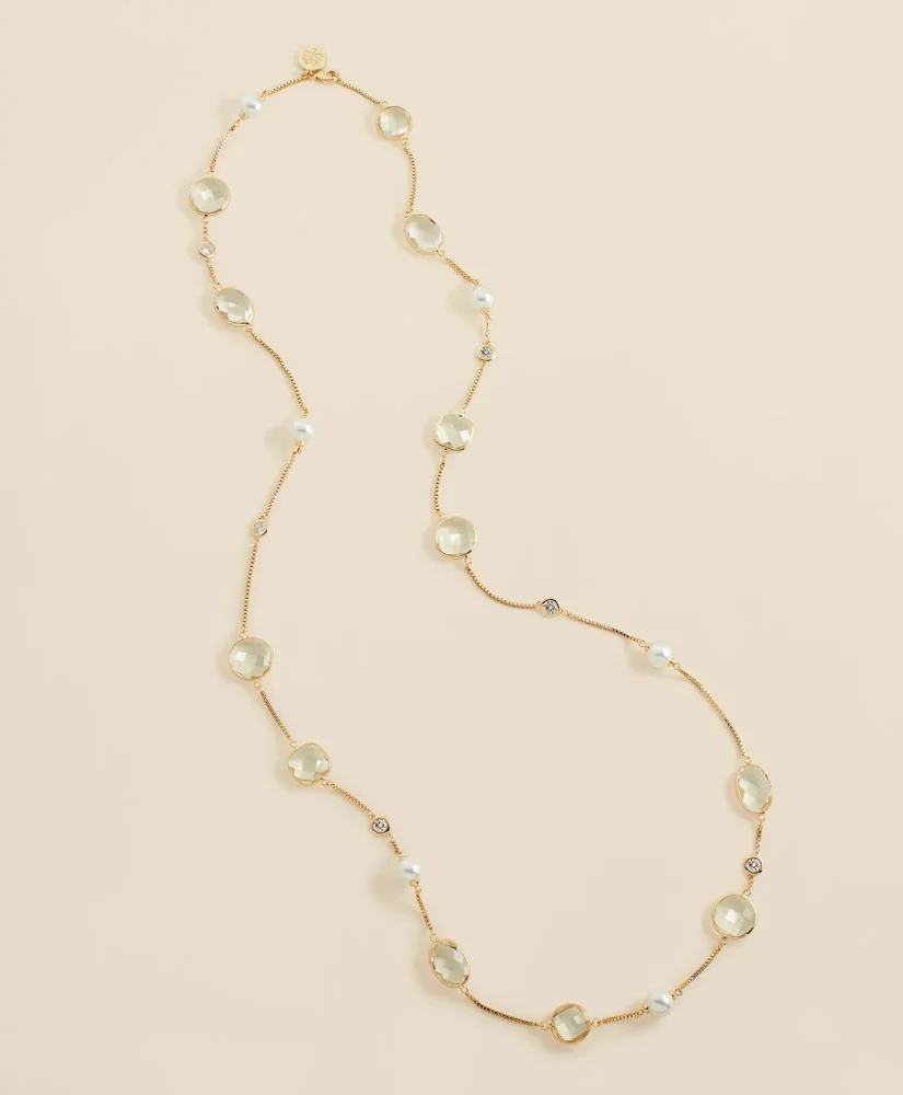 Faux Pearl, Faceted Glass and Cubic Zirconia Long Necklace - 1