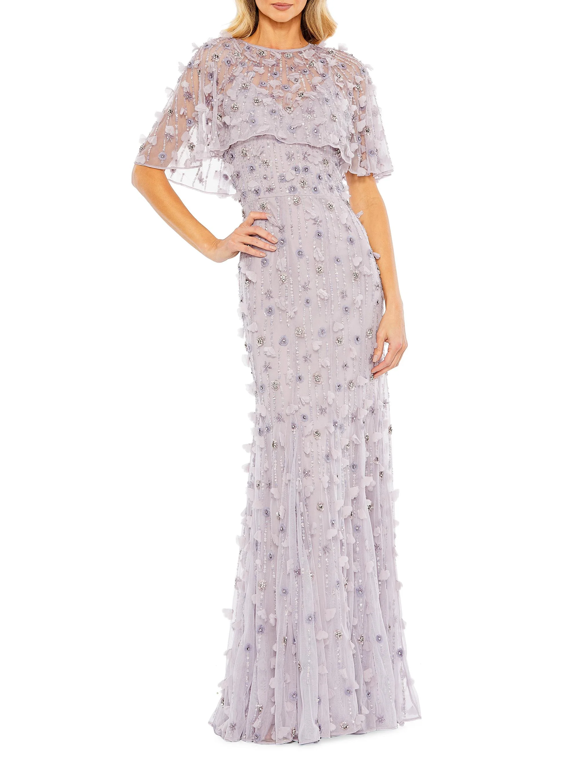 Women's Embellished Illusion Cape-Sleeve Trumpet Gown - Vintage Lilac - 1