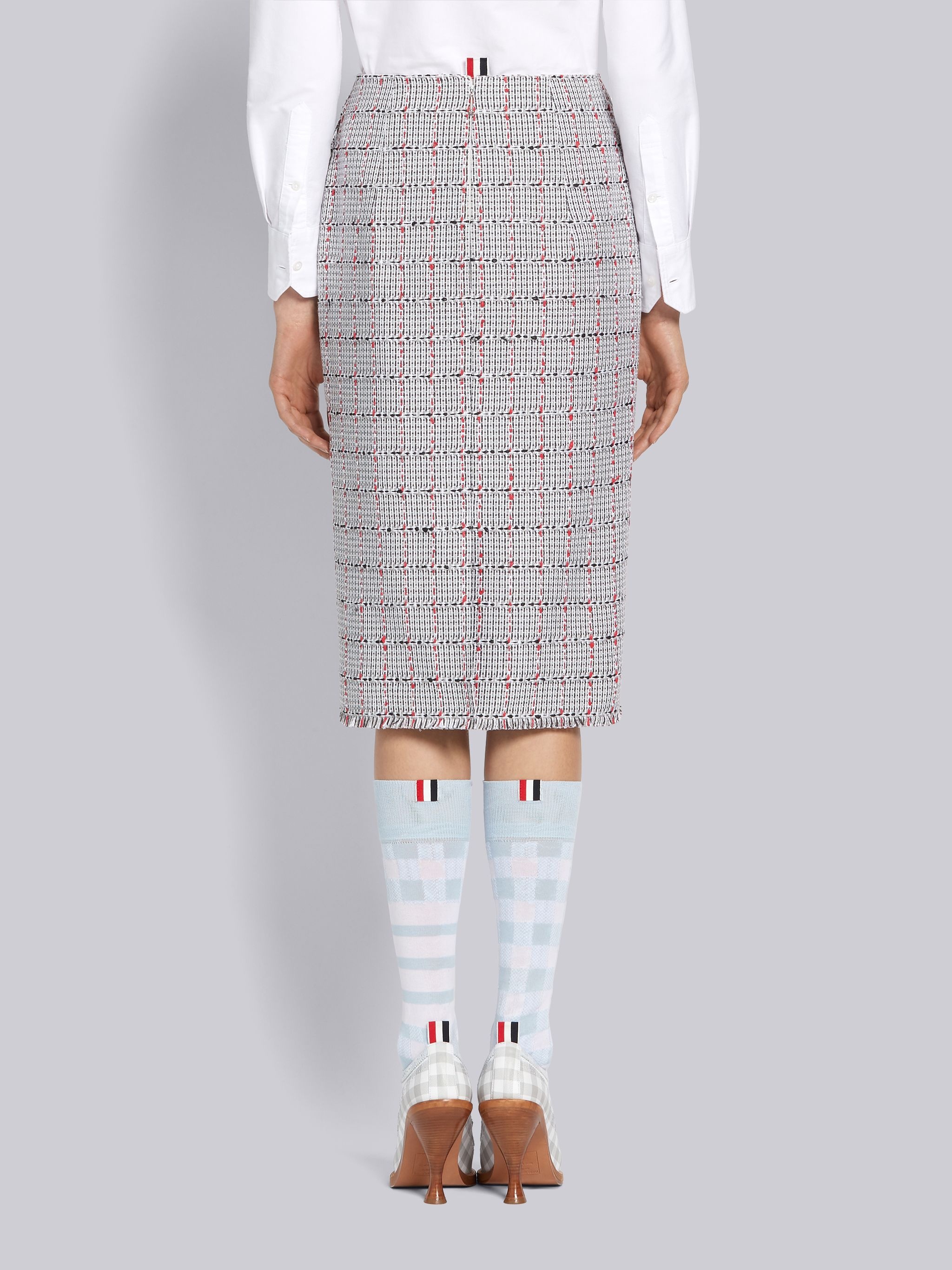 Medium Grey Cotton Windowpane University Check Tweed Frayed Low Rise Knee Pencil Skirt - 3