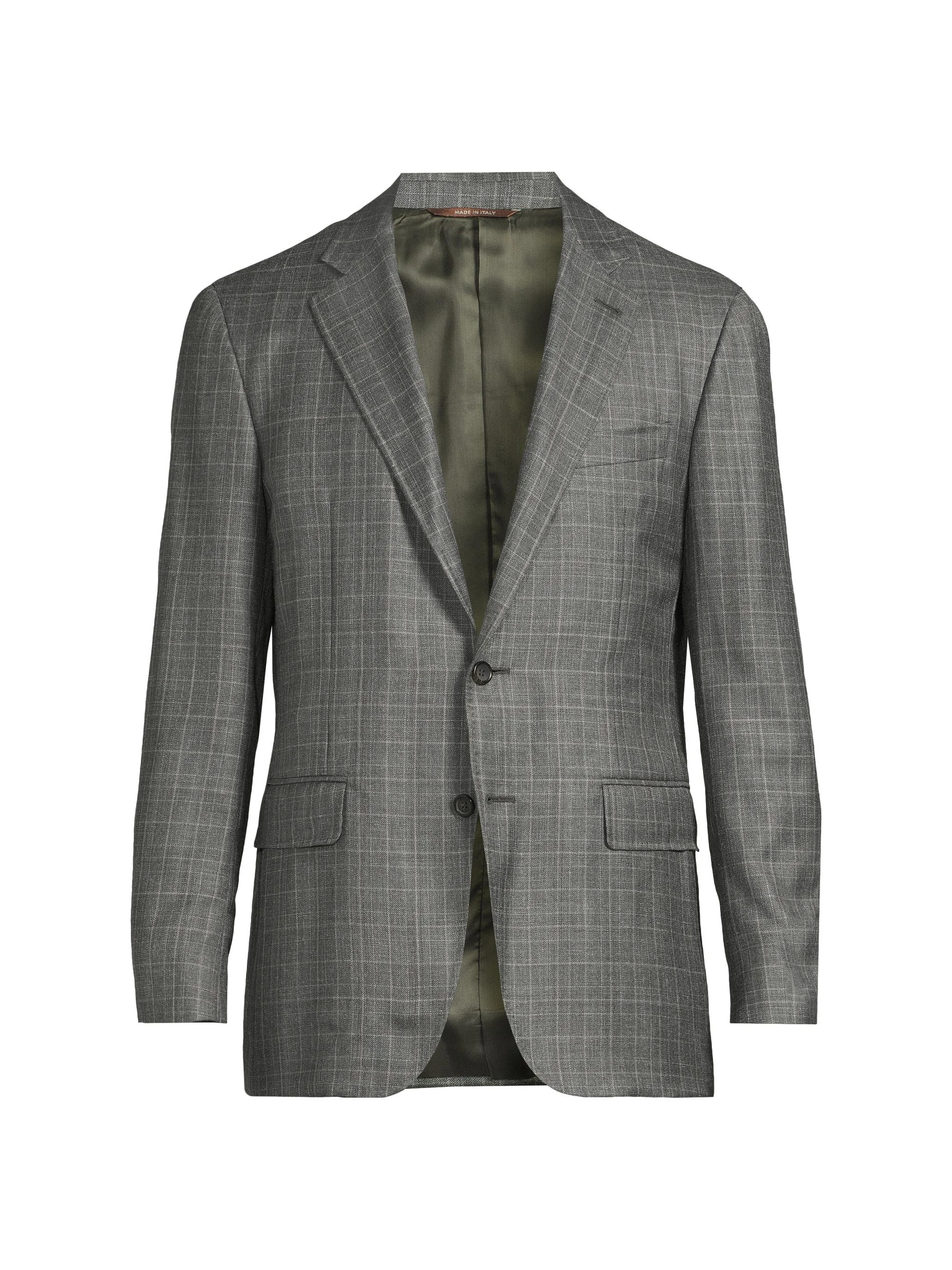 Men's Plaid Wool-Silk-Linen Sport Coat - Green - 1