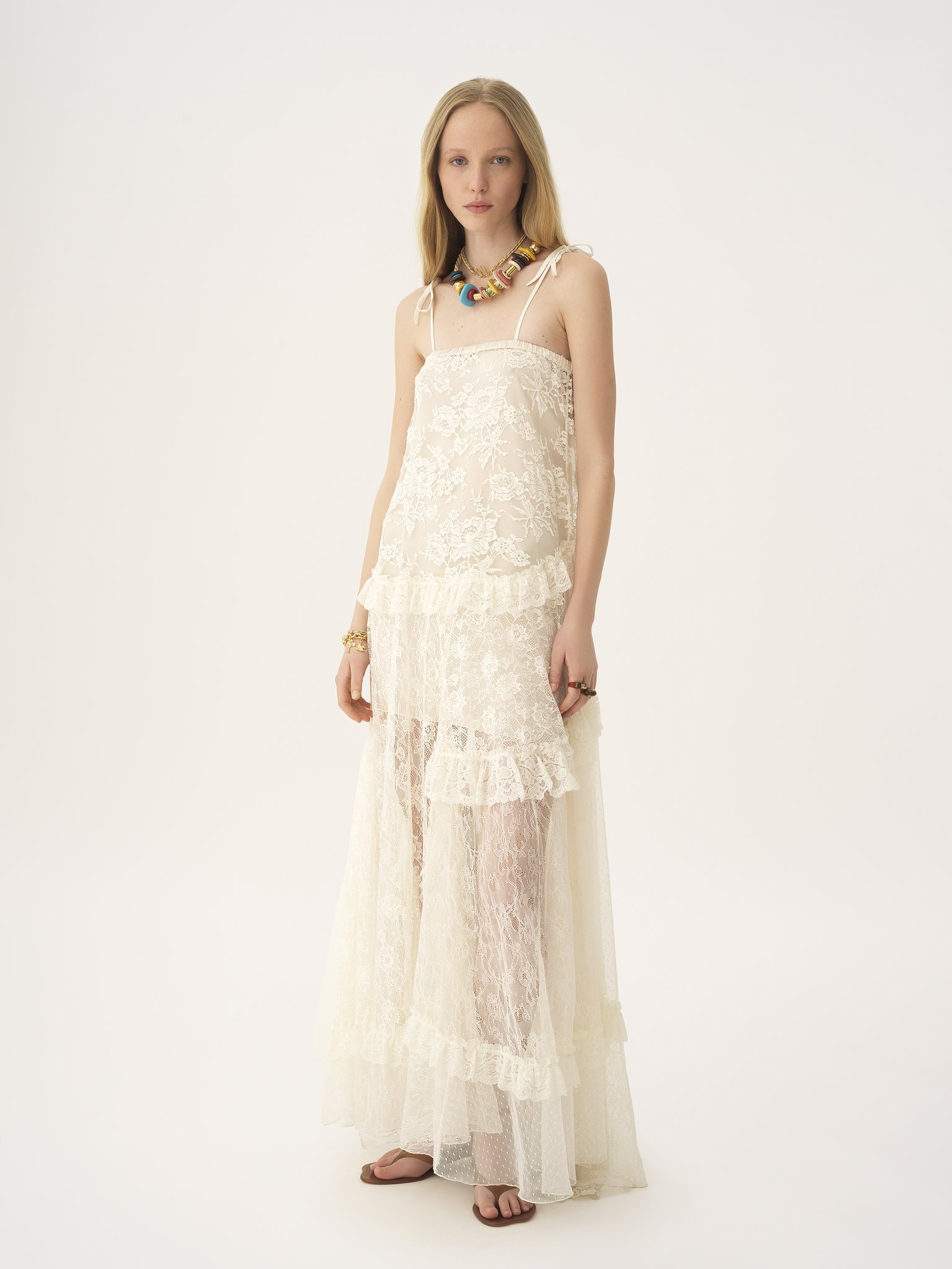 THIN-STRAP LONG DRESS IN EMBROIDERED LACE - 4
