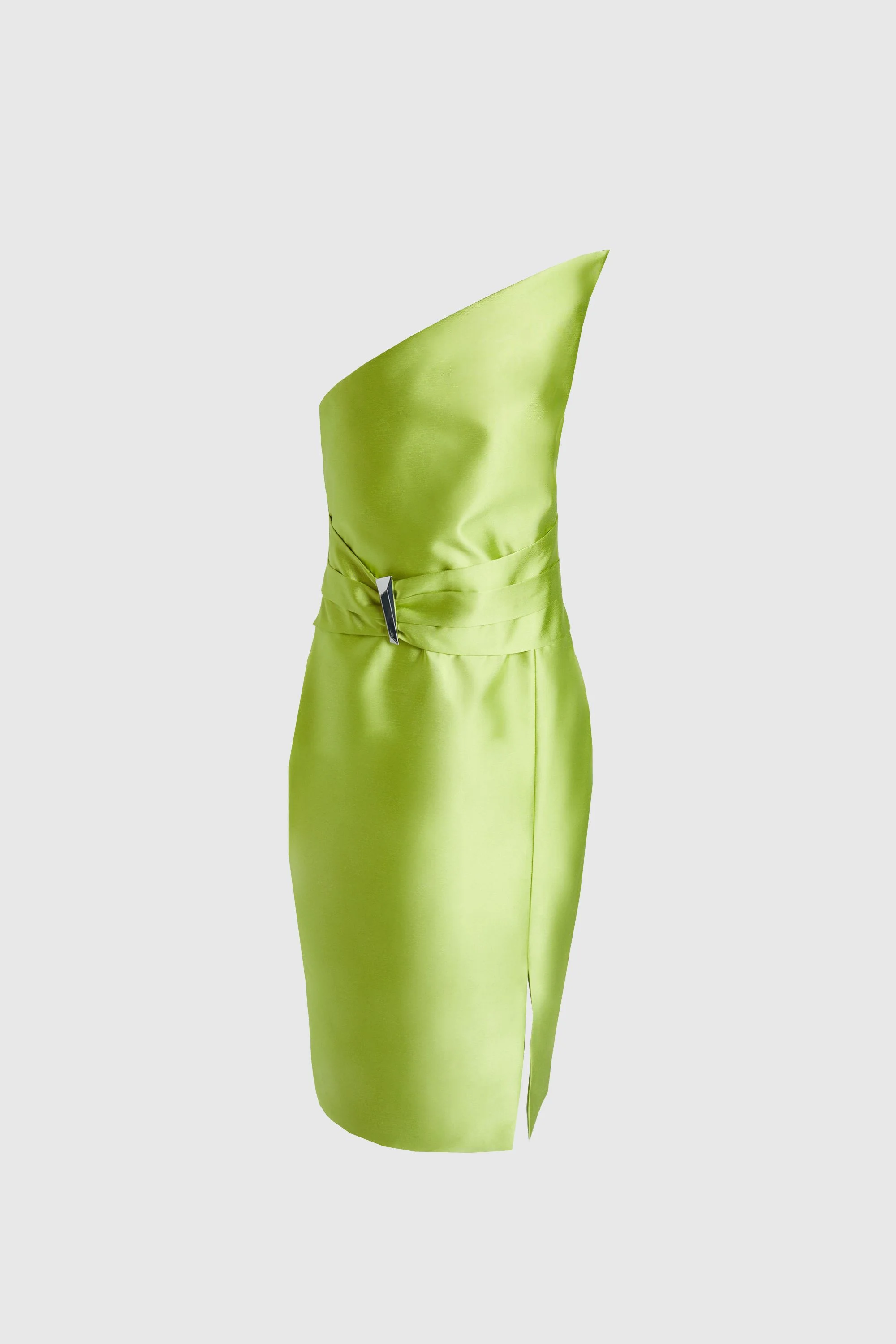 Satin Twill Trim Detail Structured Asymmetric Neck Tailored Midi Dress - 1