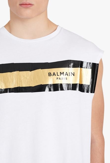 White eco-designed cotton T-shirt with black and gold Balmain logo print - 6