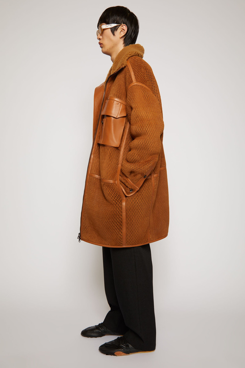 Laser-cut suede coat camel brown 3
