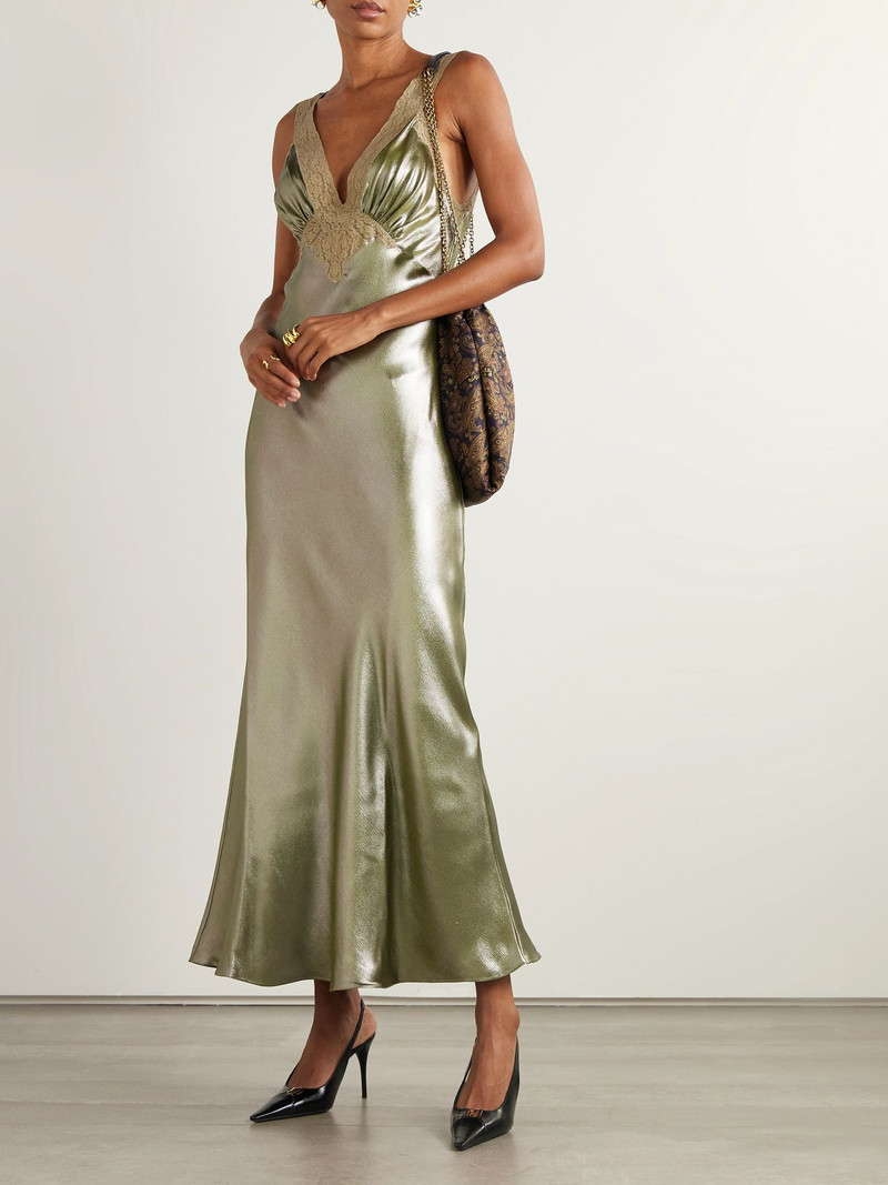 SAINT LAURENT Lace-trimmed gathered silk-charmeuse maxi dress Gold outlook