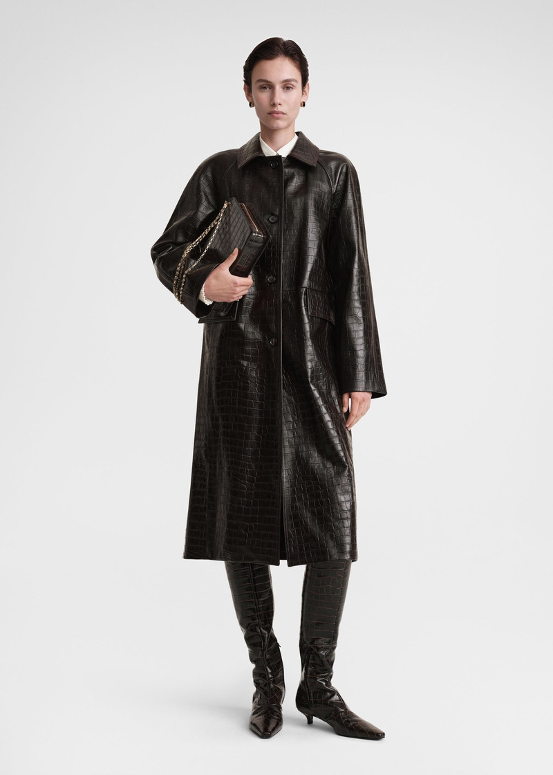 Totême Raglan-sleeve croco embossed coat dark brown outlook