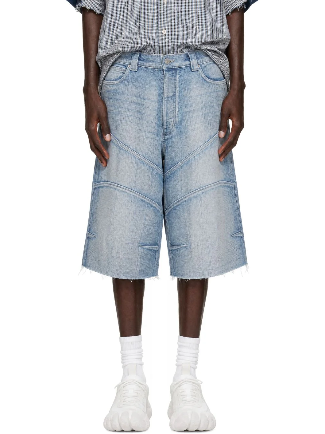 Blue Knee Dart Denim Shorts - 1