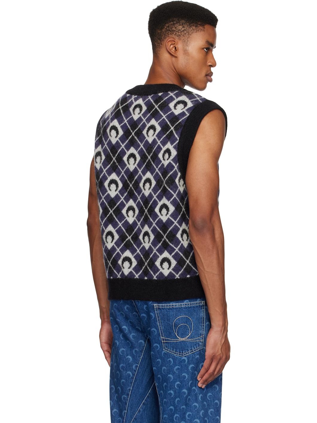 Black & Navy Moon Argyle Knit Vest - 3