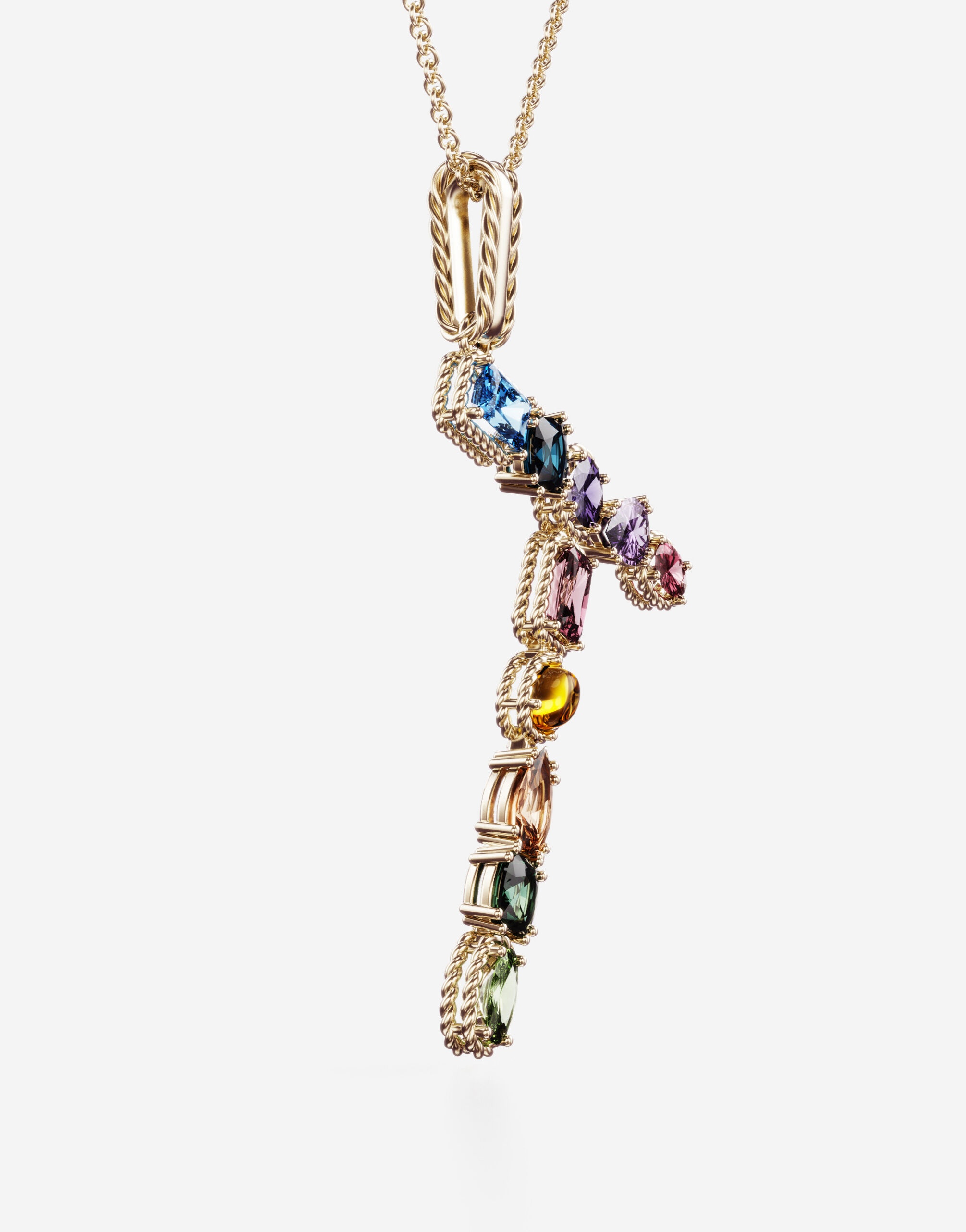 Rainbow alphabet T pendant in yellow gold with multicolor fine gems - 3