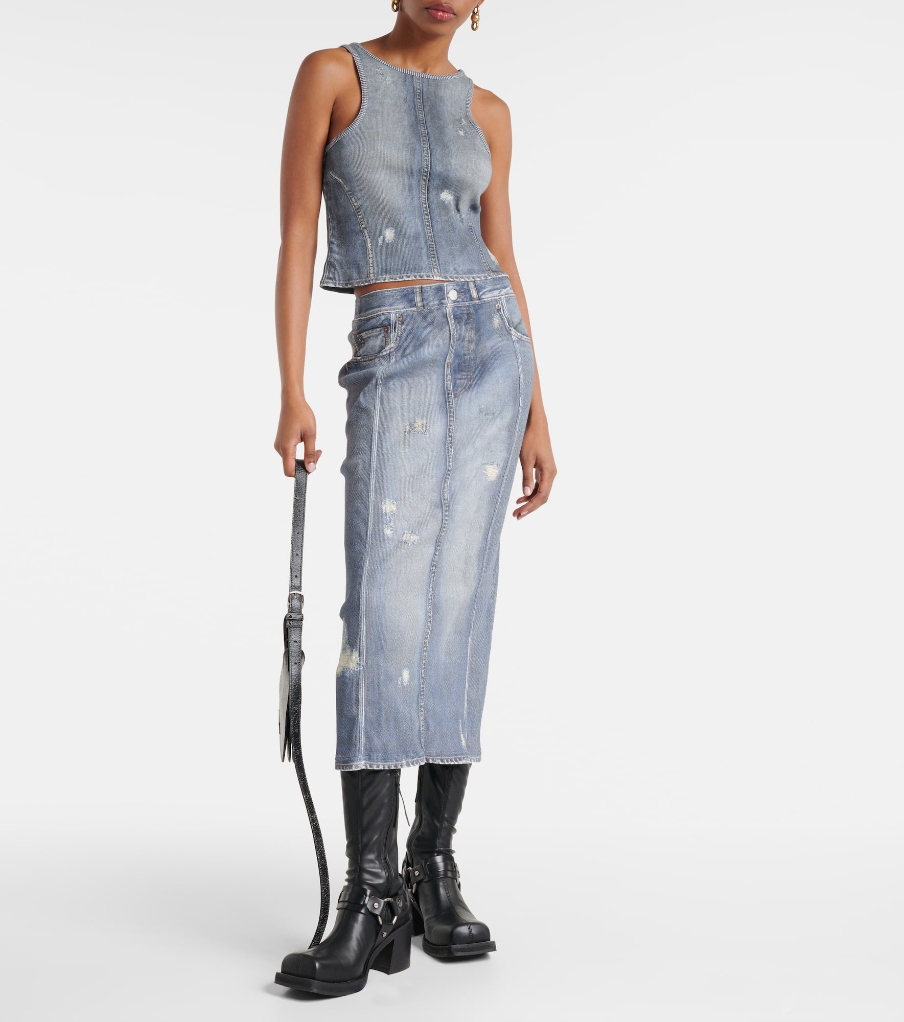 Mid-rise printed denim midi skirt - 2