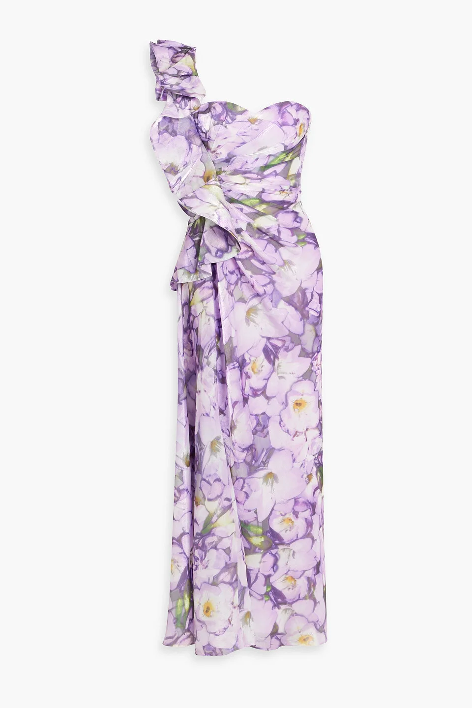 One-shoulder ruffled floral-print crepon maxi dress - 1