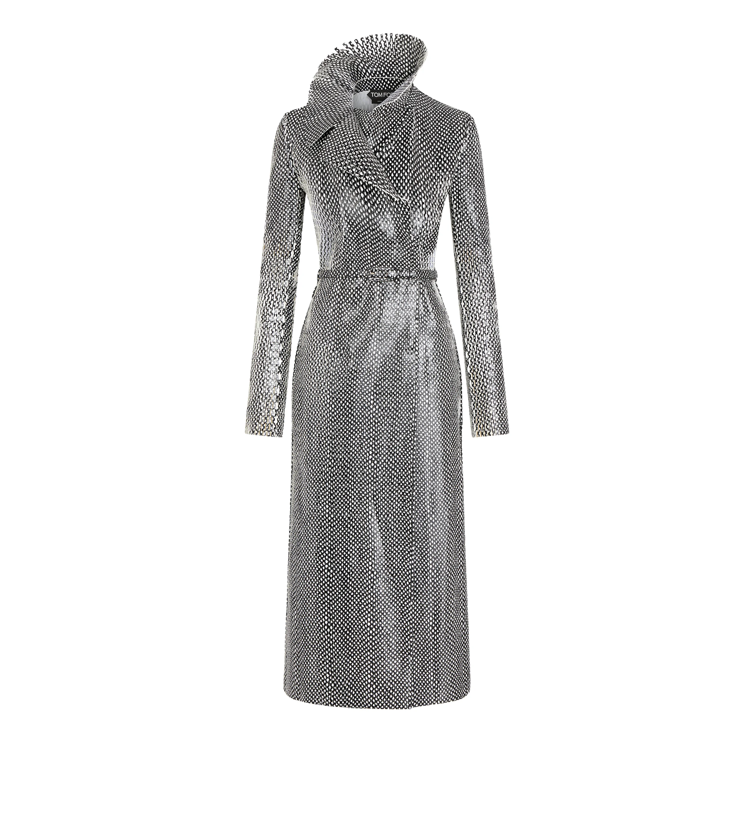 PRINTED PERFORATED CALF LEATHER DOUBLE BREASTED TRENCH COAT WITH SELF BELT - 1