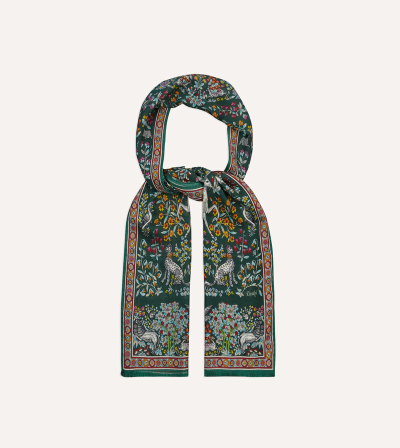 Green Forest Animals Print Wool-Silk Scarf 4