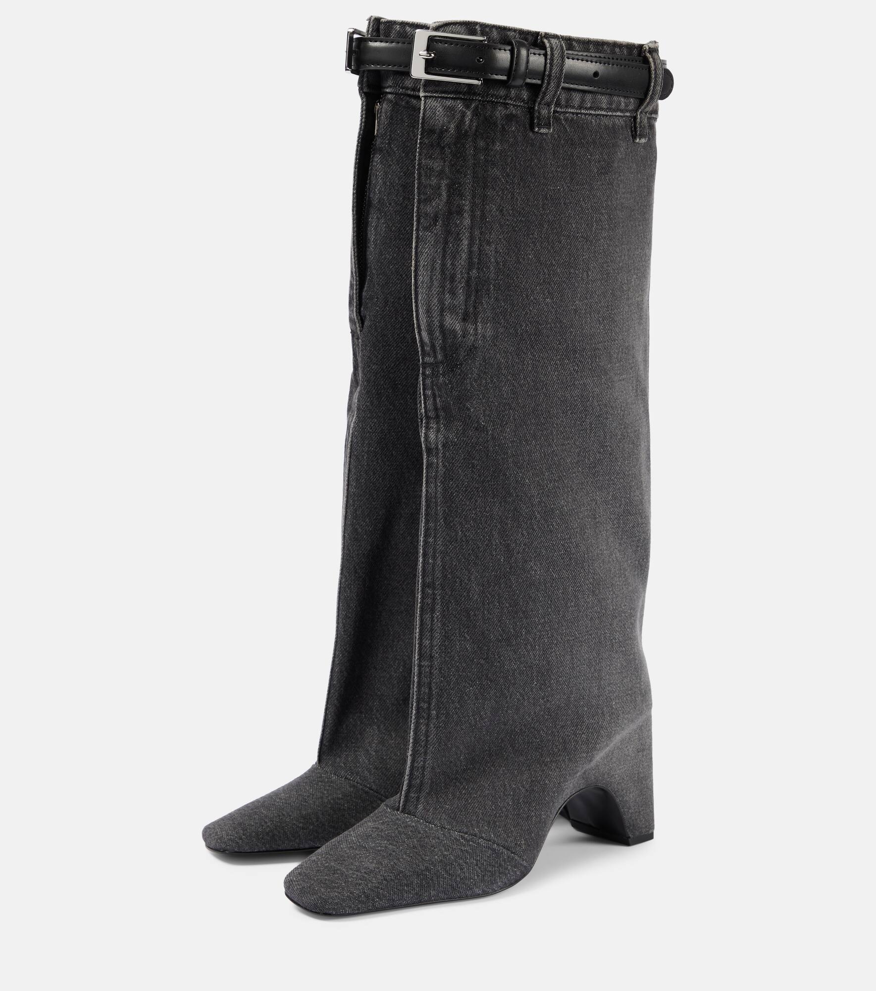 Leather-trimmed denim knee-high boots - 5