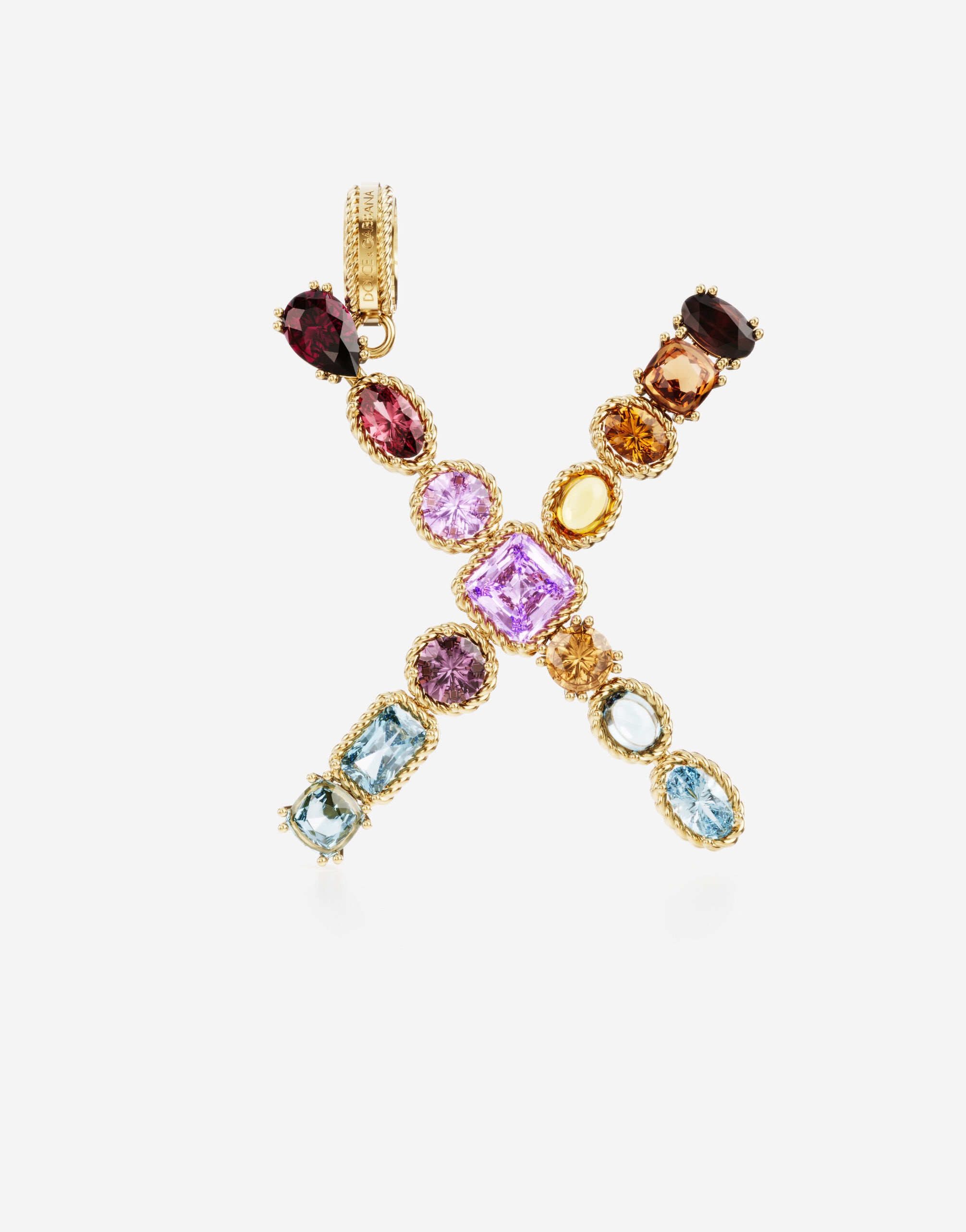 Rainbow alphabet X 18 kt yellow gold charm with multicolor fine gems - 1