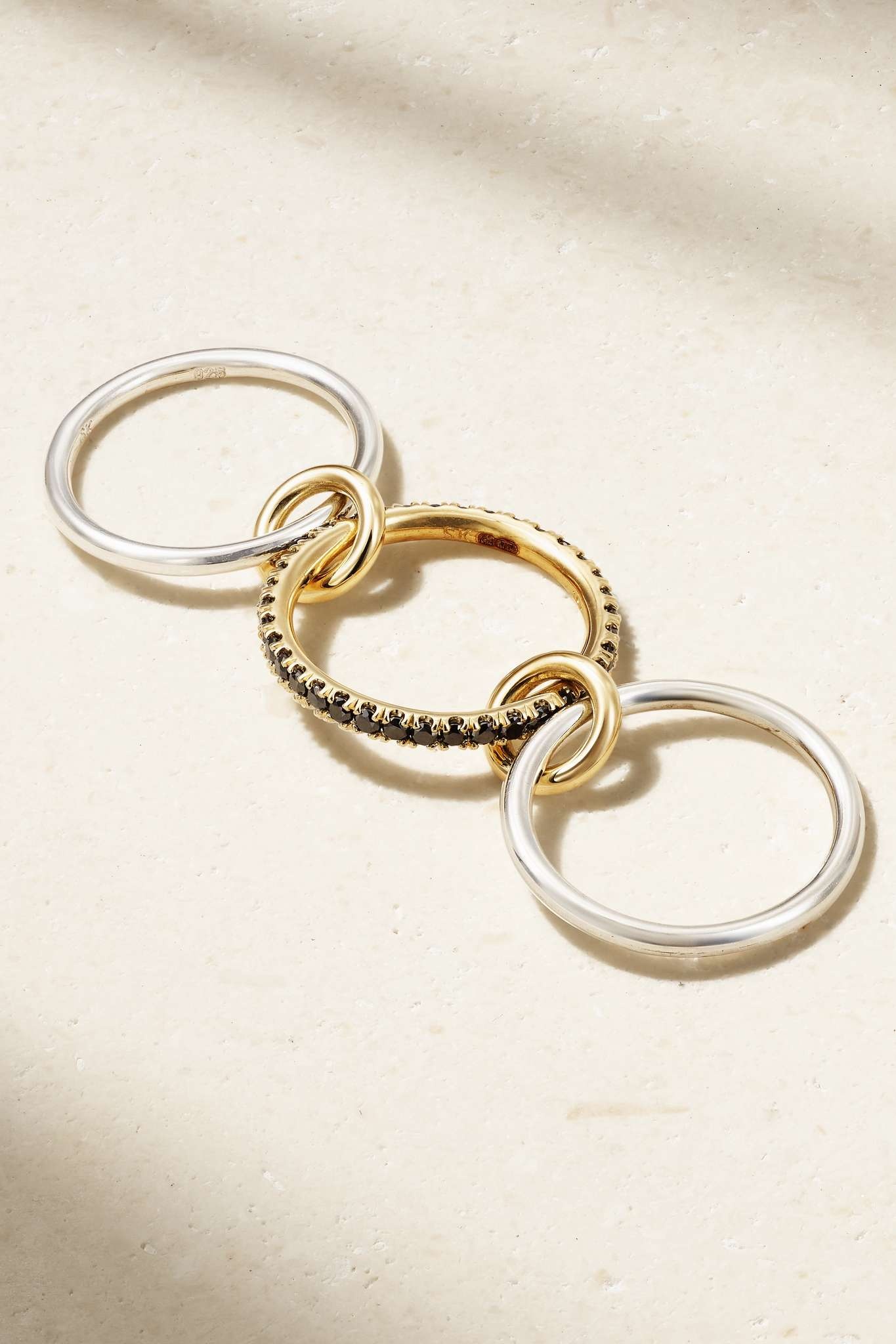 Tigris set of three 18-karat gold, sterling silver and blackened diamond rings - 3
