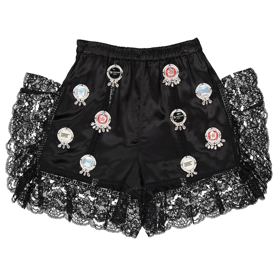 Burberry Ladies Satin And Lace Bottle Cap Detail Shorts In Black - 1