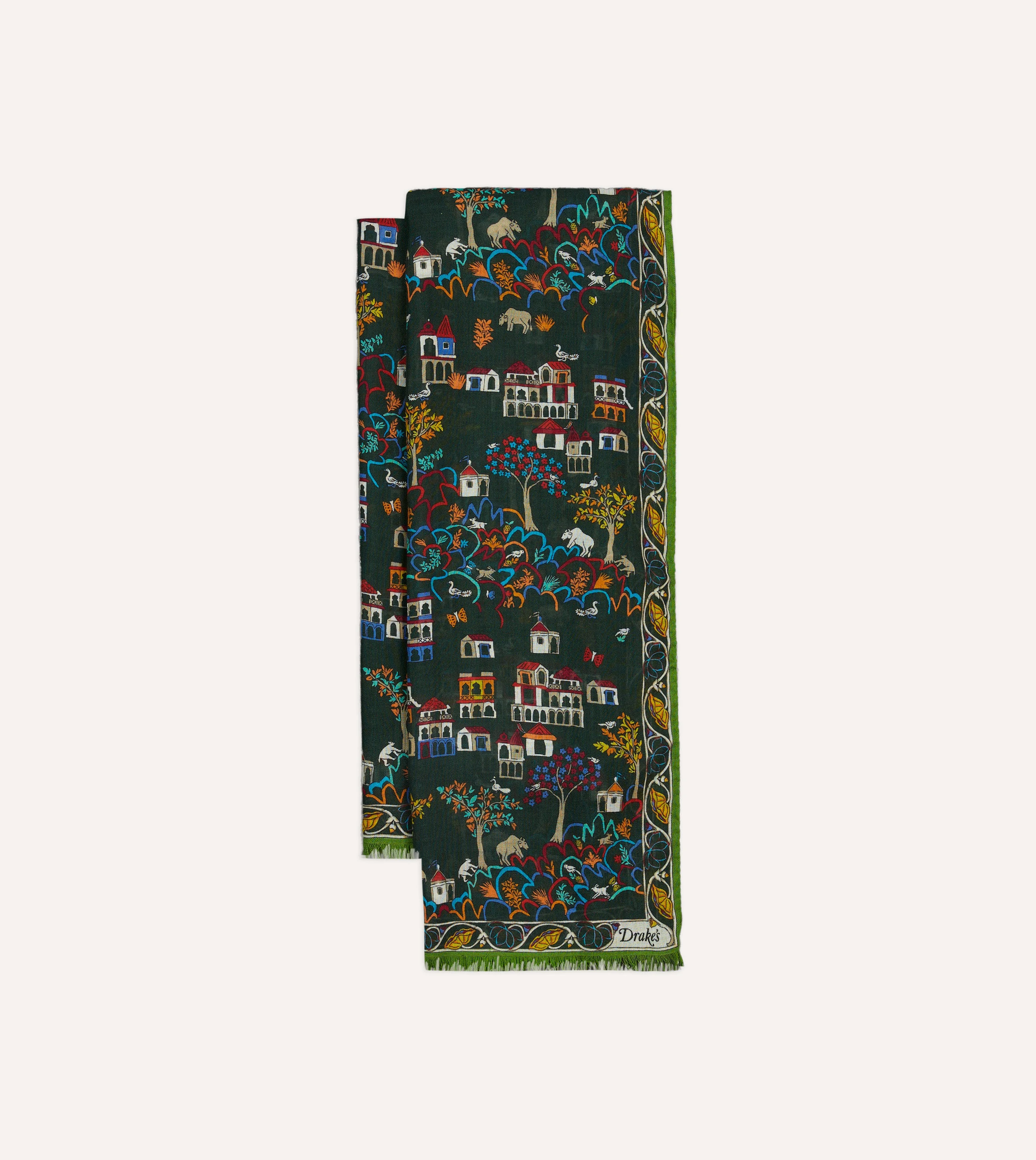 Green Antique Village Print Wool Silk Scarf - 1