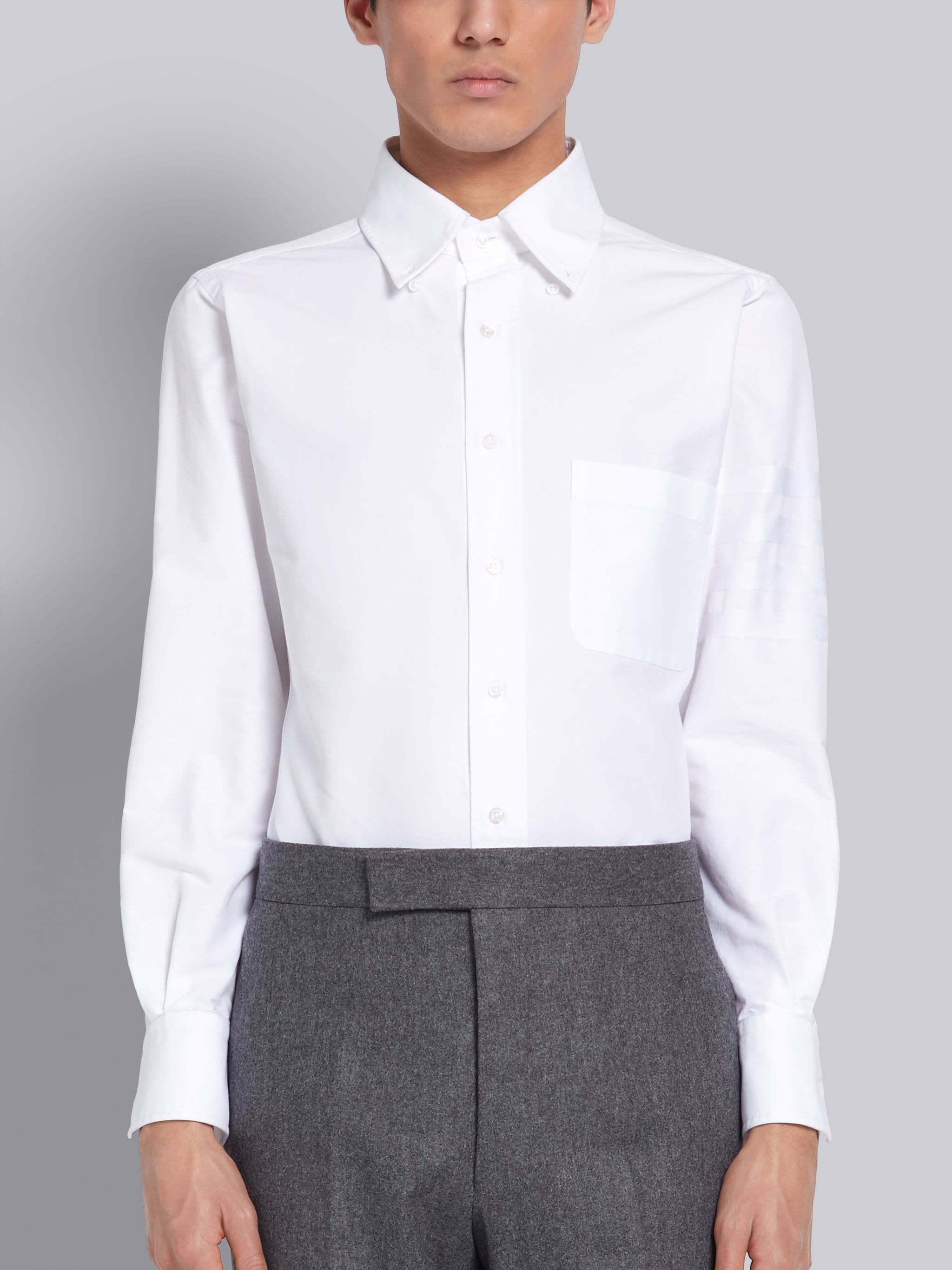 White Cotton Oxford Long Sleeve Satin Weave 4-Bar Shirt - 1