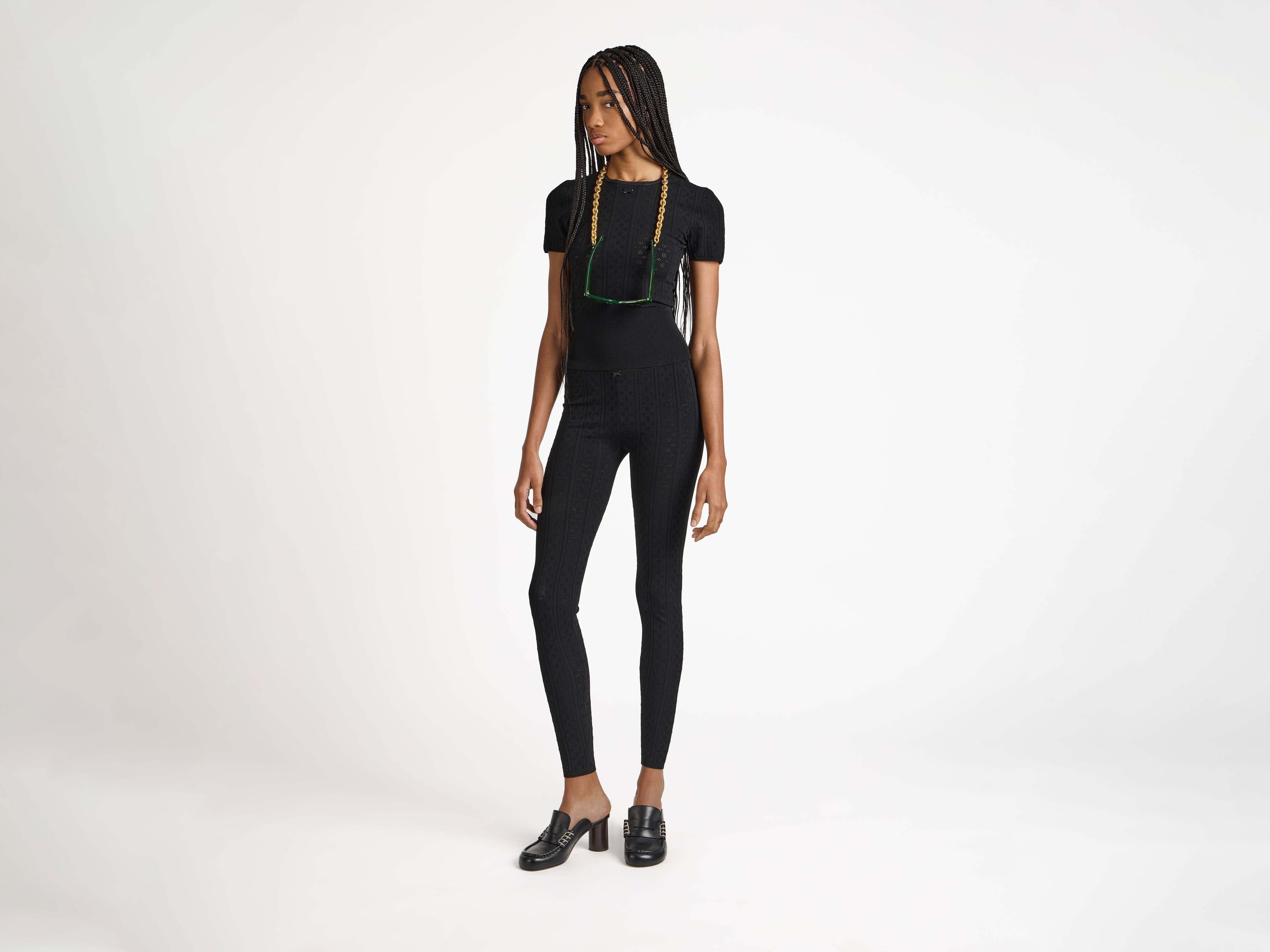 KNITTED POINTELLE LEGGINGS IN BLACK - 2