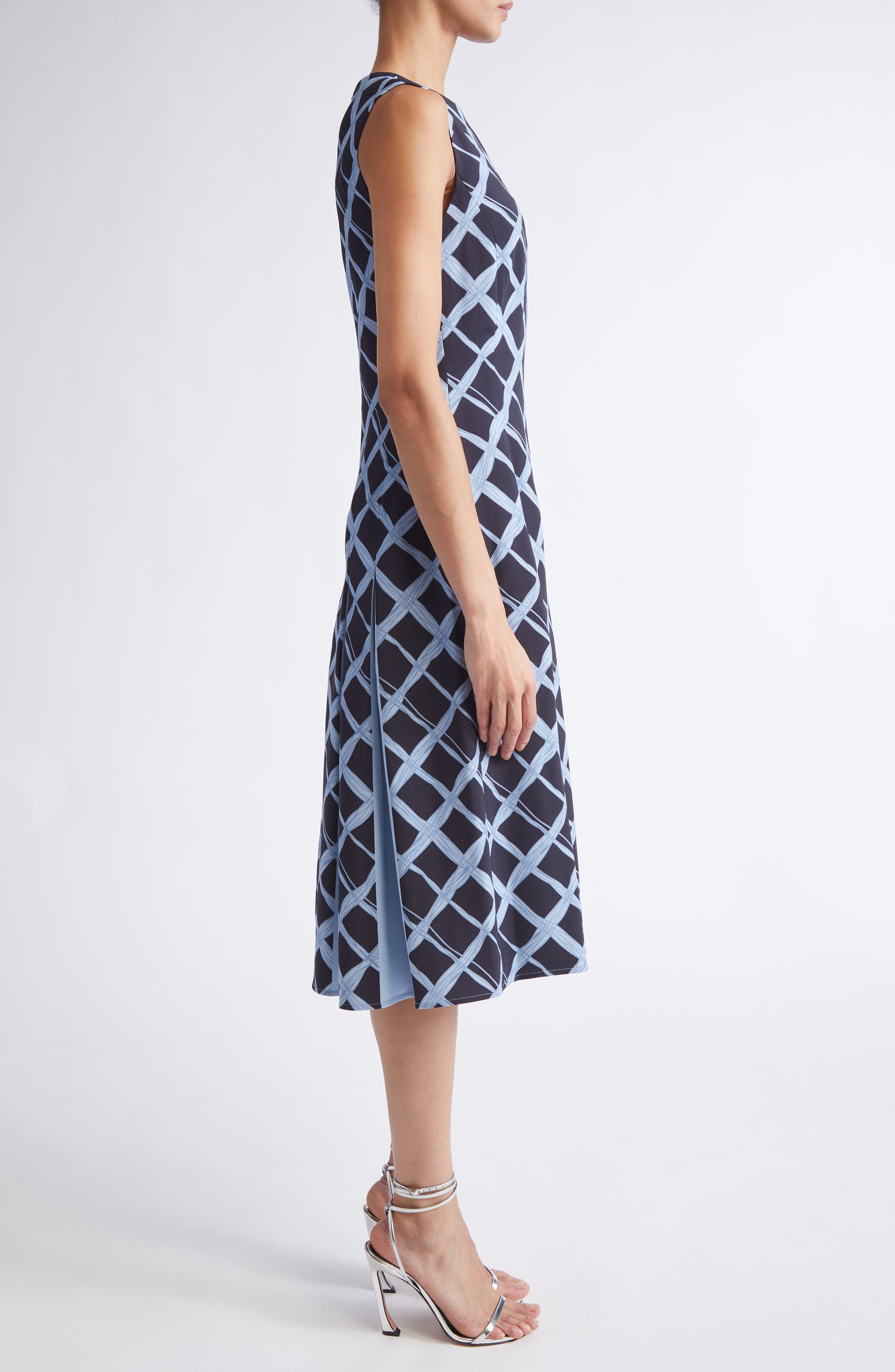 Oscar de la Renta Wavy Plaid Pleated Wool Blend Dress in Navy/Blue at Nordstrom - 3