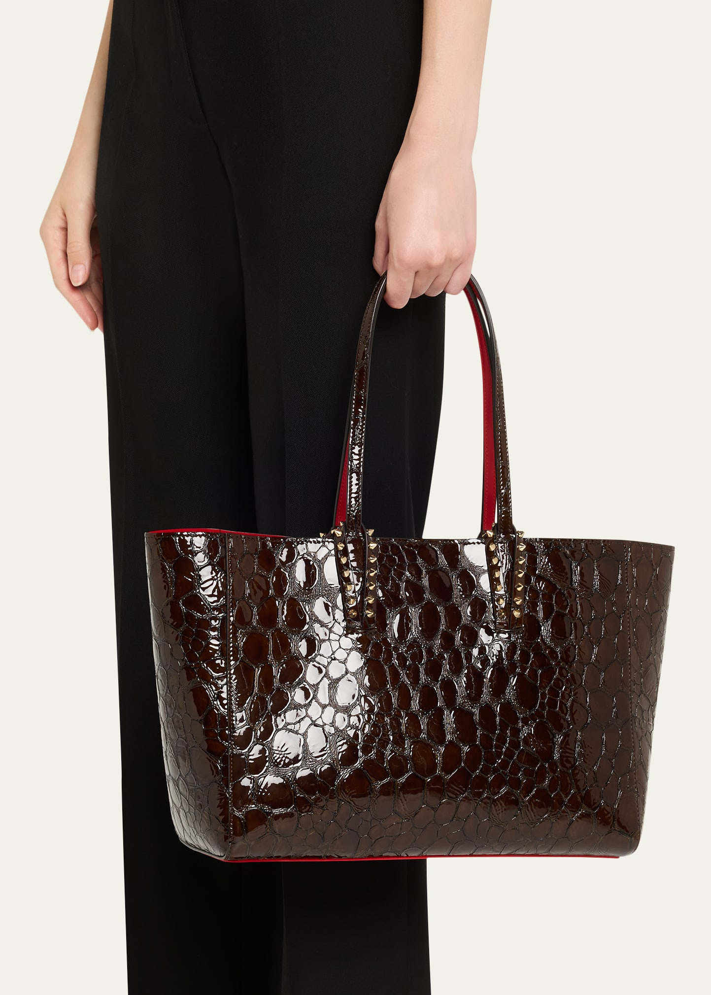 Cabata Small Tote Bag in Glossy Croc-Embossed Leather - 2