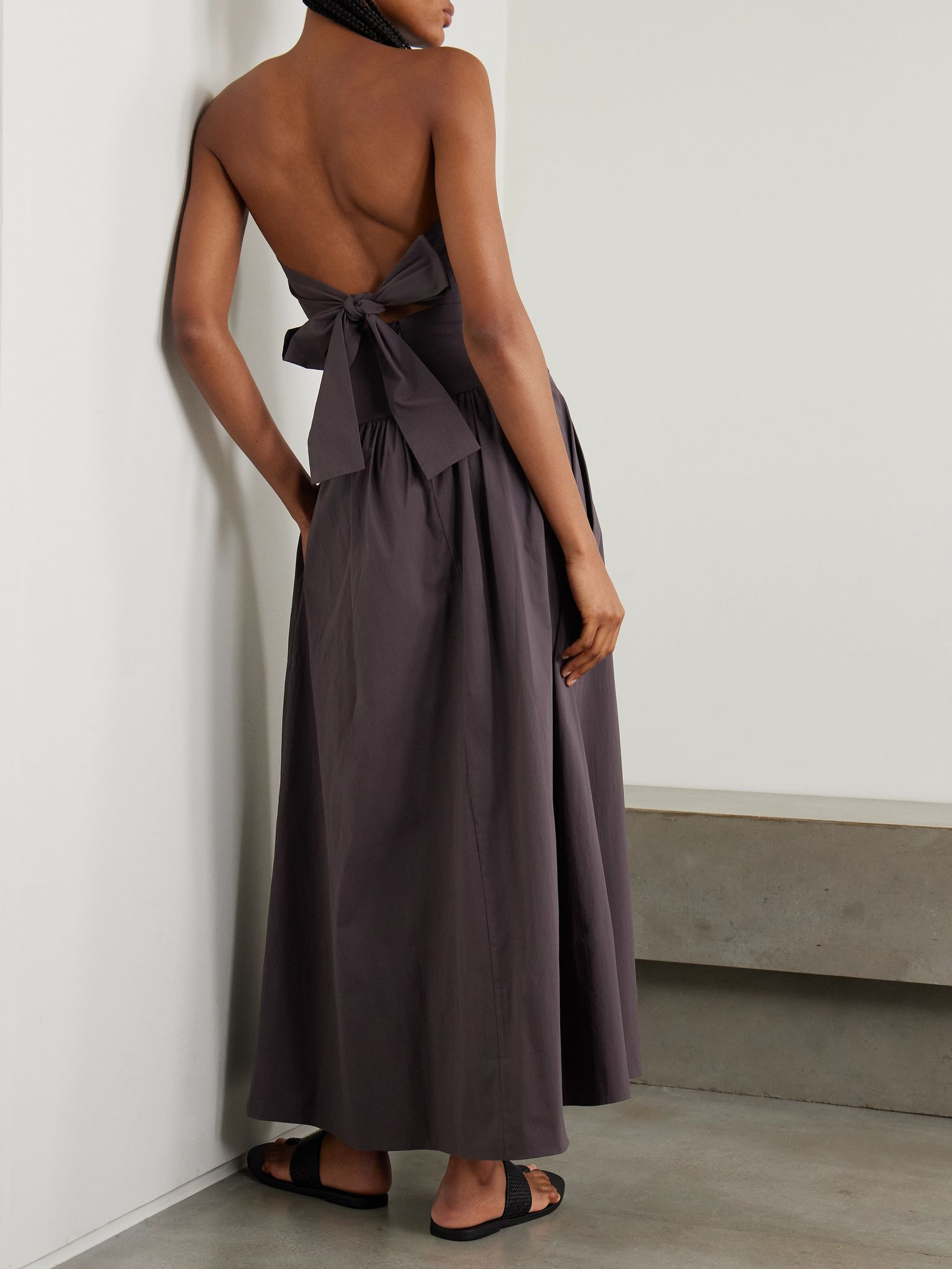 Strapless tie-back crinkled cotton-blend maxi dress Dark purple - 3